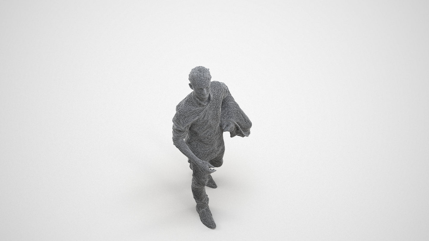 photogrammetry 3D man casual walking, realistic human model archviz FBX, wireframe three-quarter view