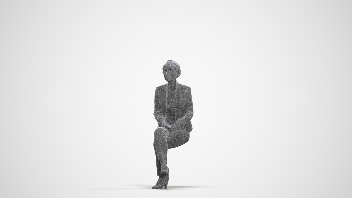 3D human model senior woman business sitting, photogrammetry scanned person for archviz, three-quarter front view render
