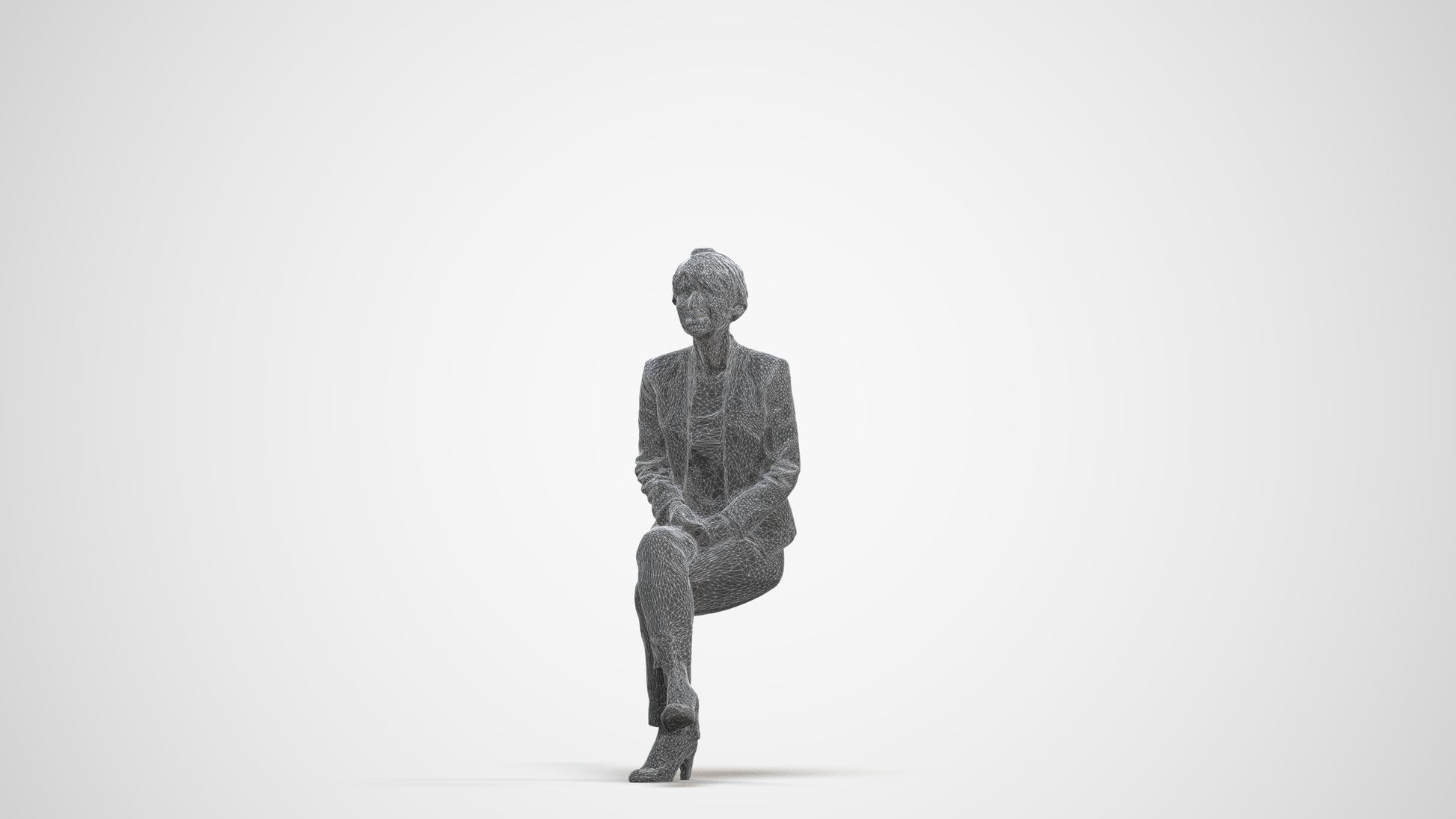 3D human model senior woman business sitting, photogrammetry scanned person for archviz, three-quarter front view render