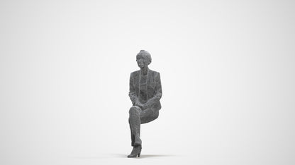 3D human model senior woman business sitting, photogrammetry scanned person for archviz, three-quarter front view render