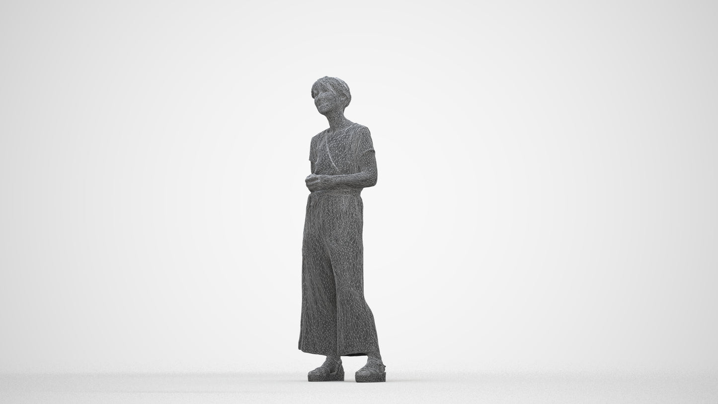 realistic 3D senior woman casual standing, scanned archviz people for Blender and 3ds Max, wireframe back view