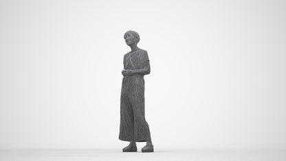 realistic 3D senior woman casual standing, scanned archviz people for Blender and 3ds Max, wireframe back view