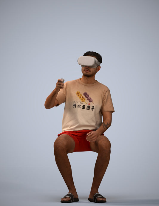 3D human model man casual sitting, photogrammetry scanned person for archviz