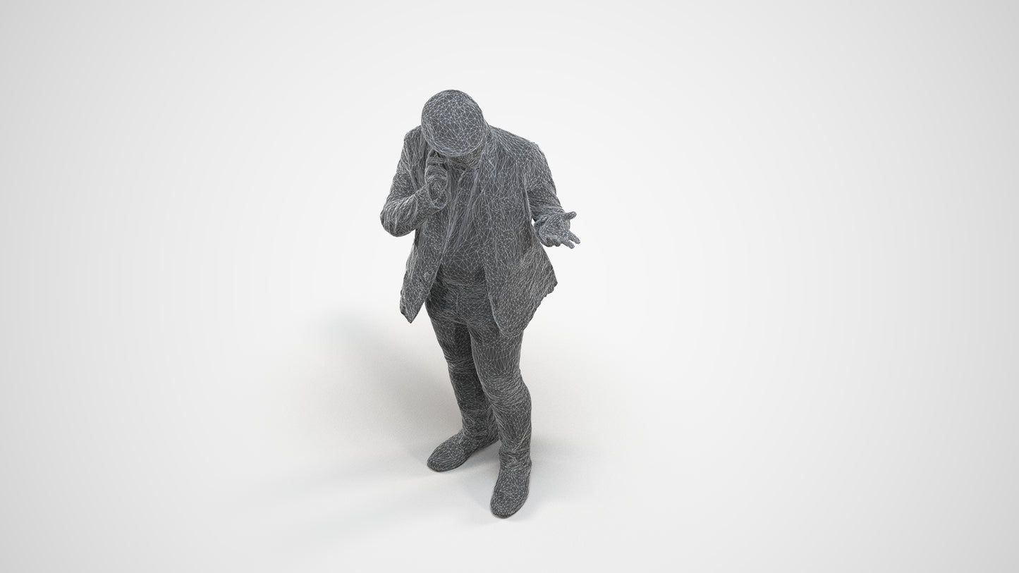 3D human model man casual standing, photogrammetry scanned person for archviz, wireframe three-quarter view
