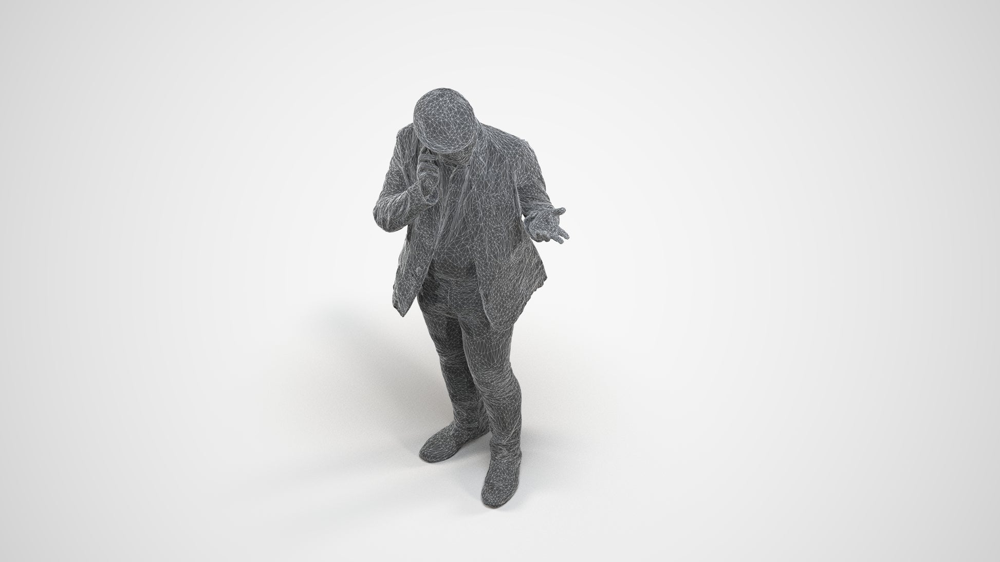 3D human model man casual standing, photogrammetry scanned person for archviz, wireframe three-quarter view