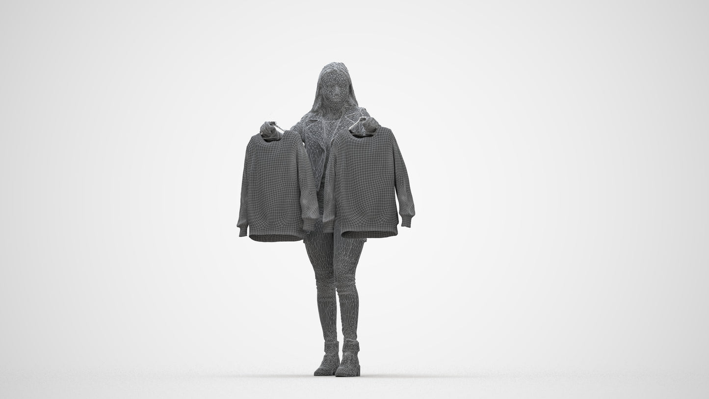 realistic 3D woman casual shopping, scanned archviz people for Blender and 3ds Max, wireframe back view