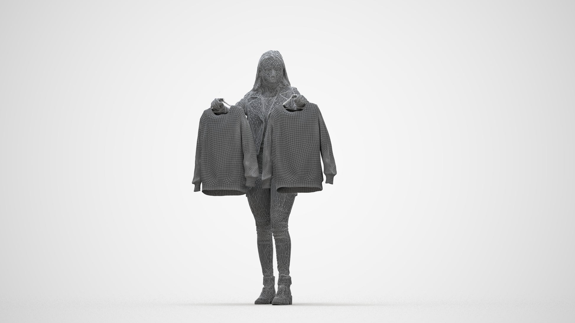 realistic 3D woman casual shopping, scanned archviz people for Blender and 3ds Max, wireframe back view