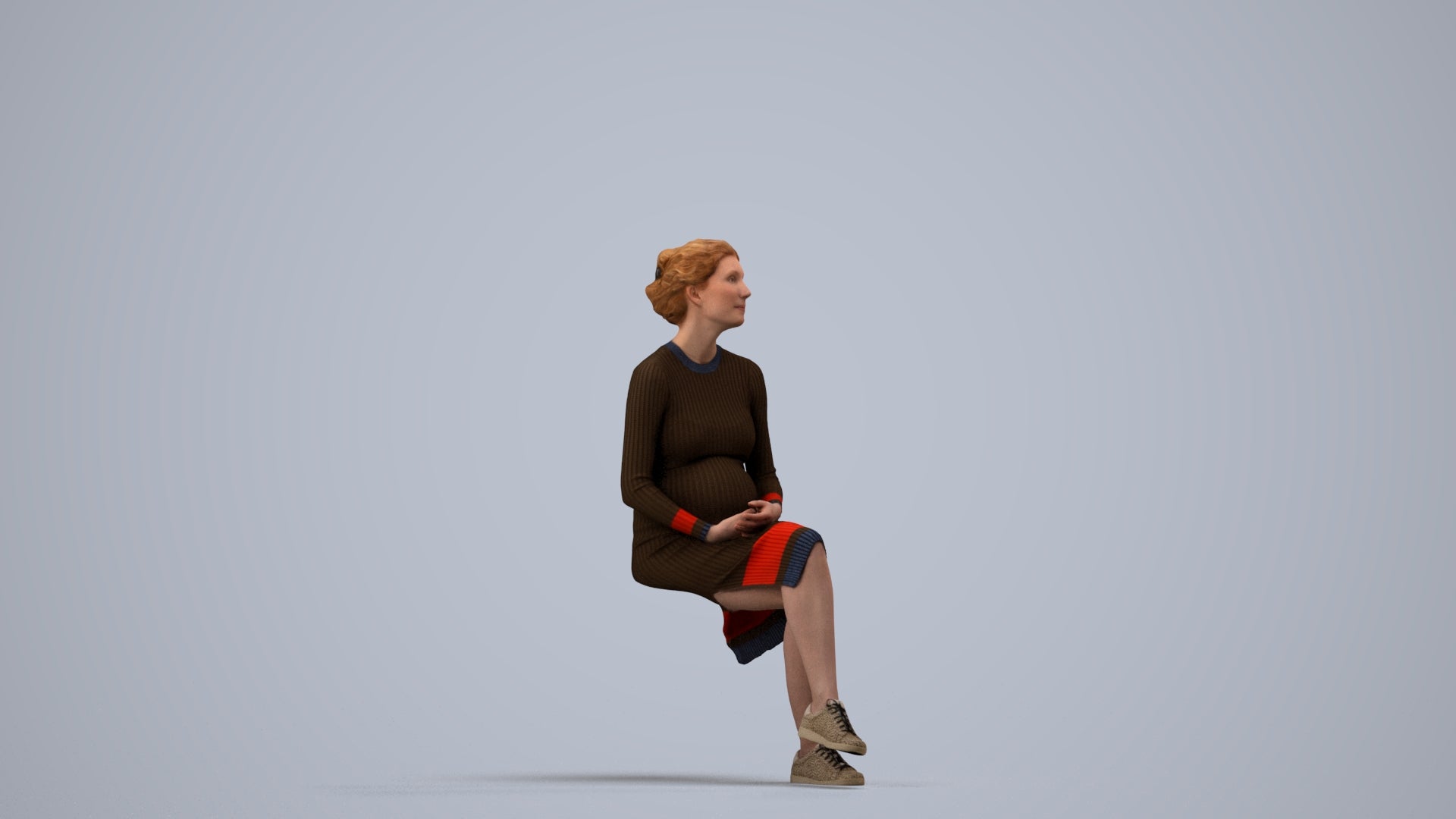 scanned 3D woman casual sitting, photogrammetry people for Enscape and V-Ray, side view render