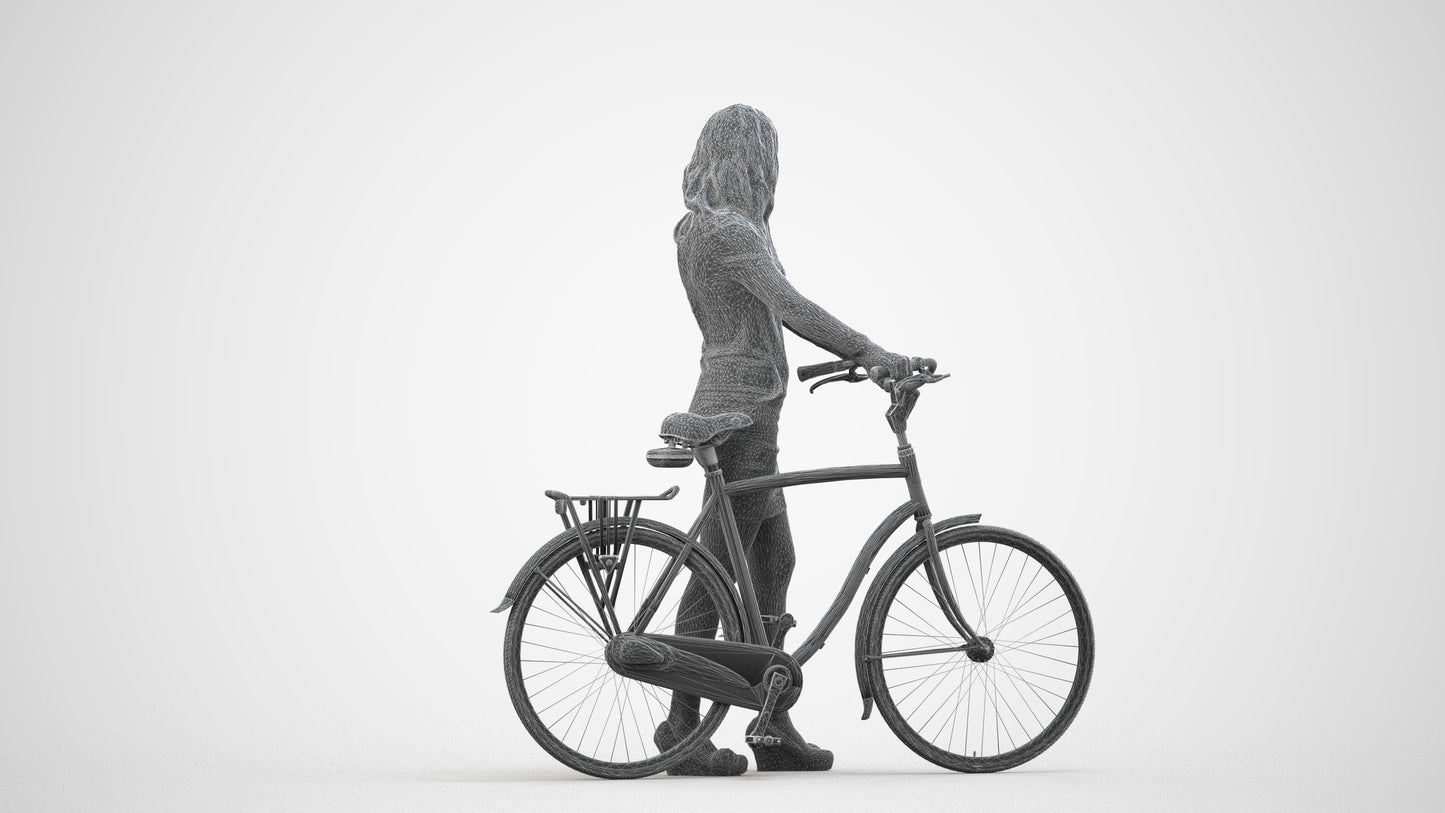 3D people model woman business cycling, scanned human for 3ds Max rendering, wireframe side view