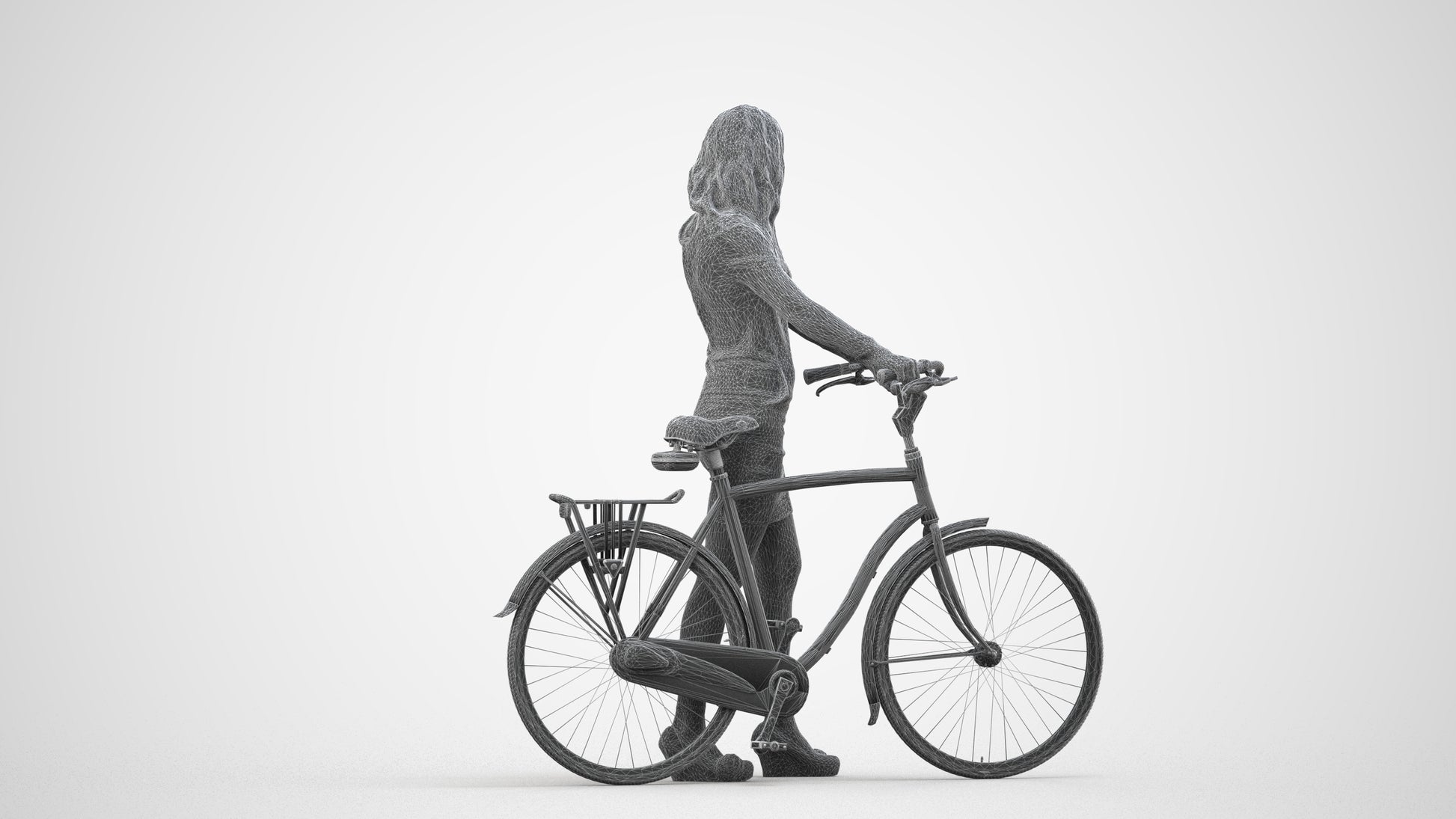 3D people model woman business cycling, scanned human for 3ds Max rendering, wireframe side view