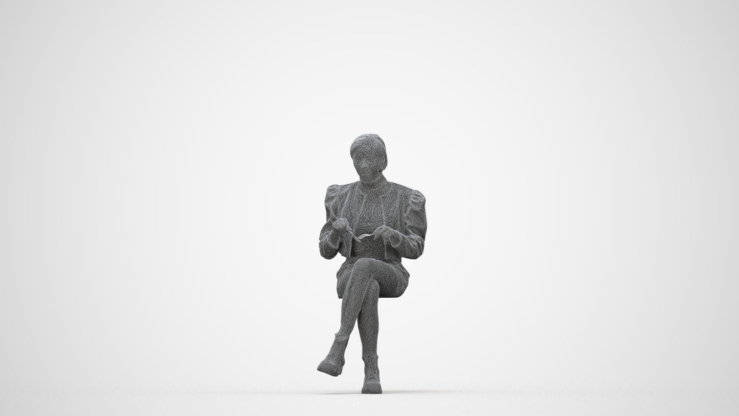 3D people model woman casual sitting, scanned human for 3ds Max rendering, wireframe back view