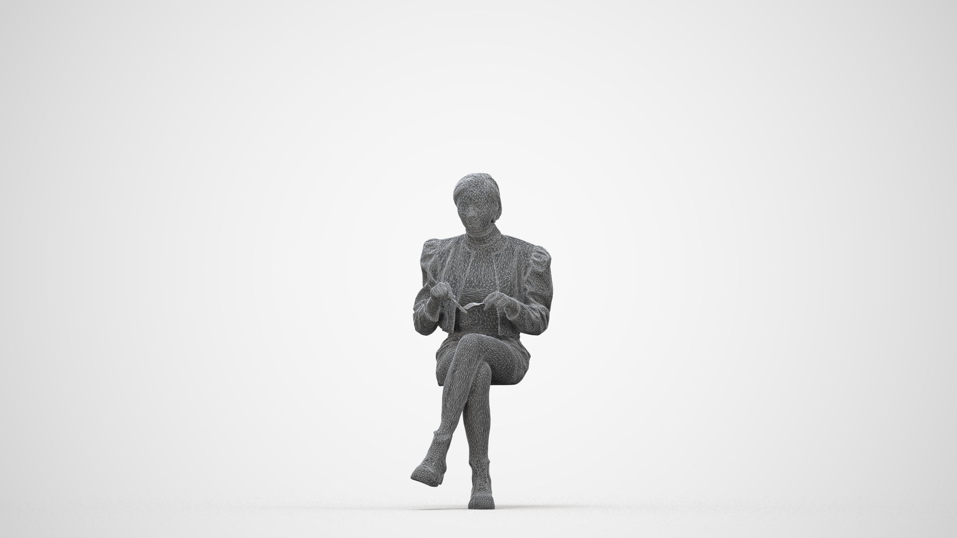 3D people model woman casual sitting, scanned human for 3ds Max rendering, wireframe back view