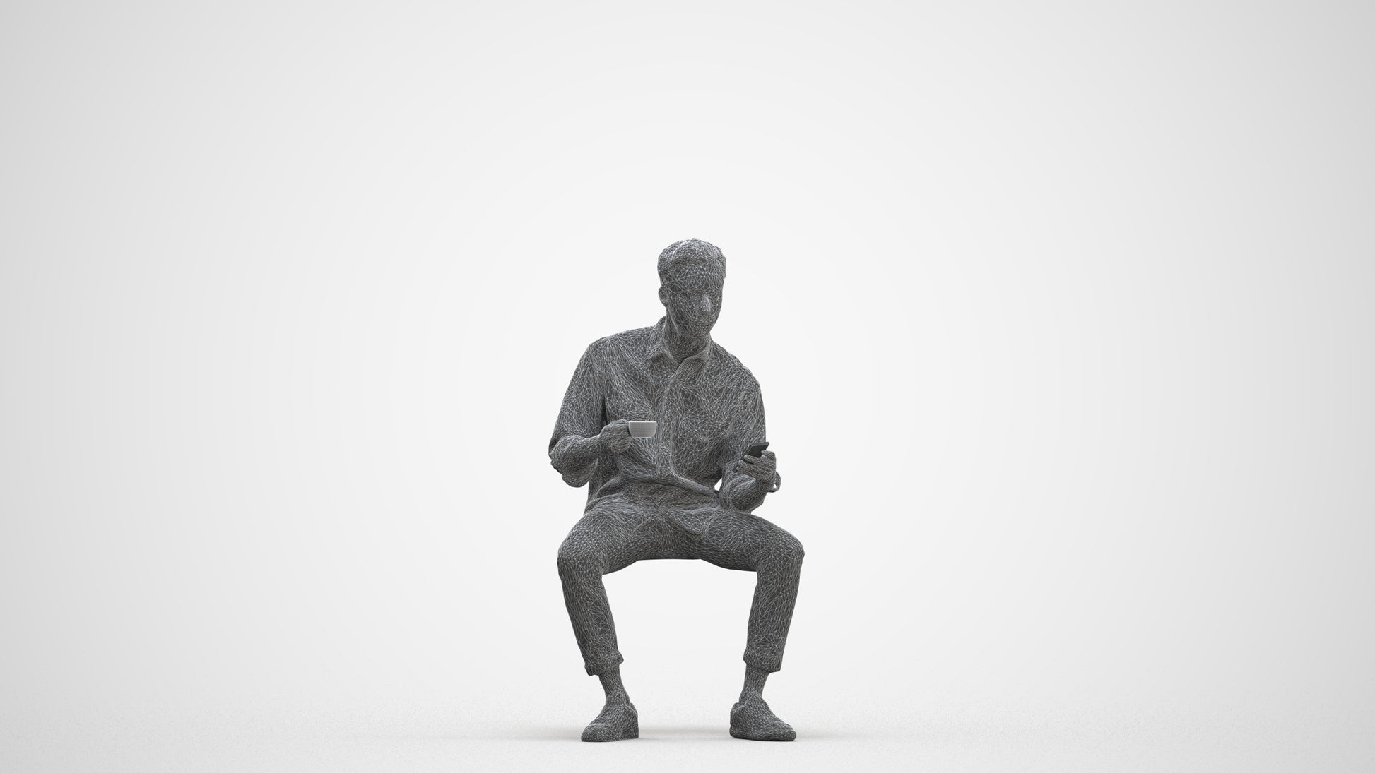 3D human model man casual sitting, photogrammetry scanned person for archviz, three-quarter front view render