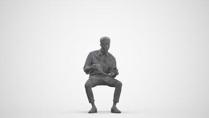 3D human model man casual sitting, photogrammetry scanned person for archviz, three-quarter front view render
