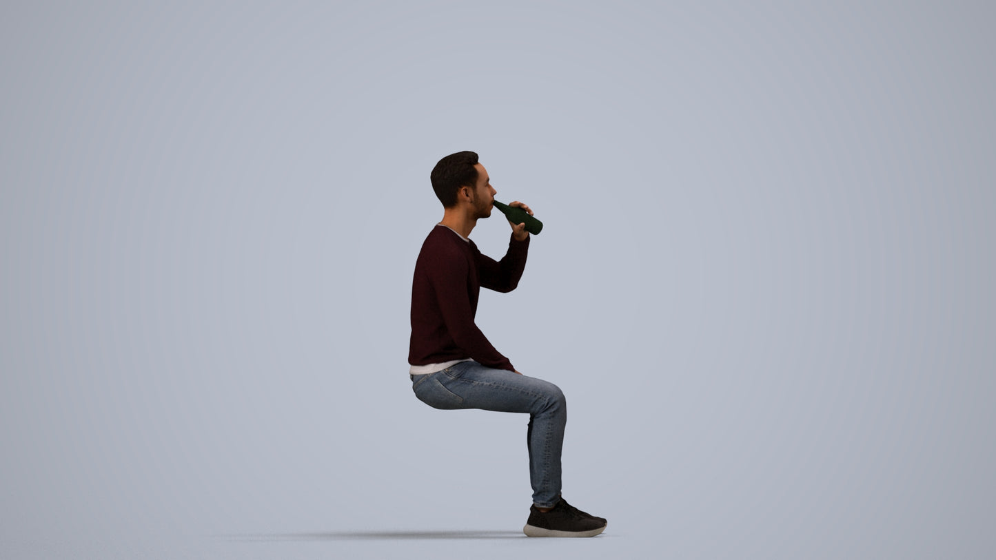 realistic 3D man casual sitting, scanned archviz people for Blender and 3ds Max, side view render
