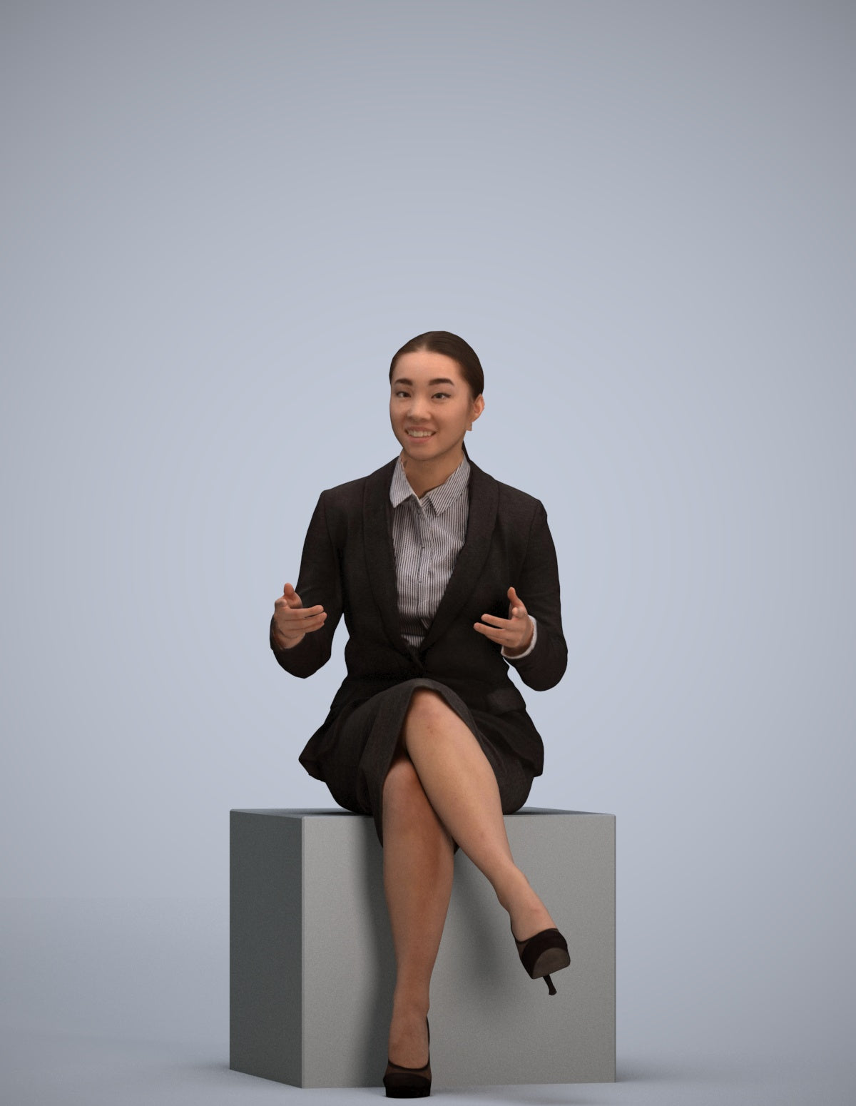 realistic 3D woman business sitting, scanned archviz people for Blender and 3ds Max
