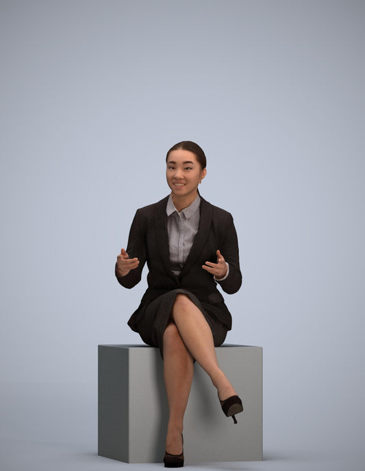 realistic 3D woman business sitting, scanned archviz people for Blender and 3ds Max