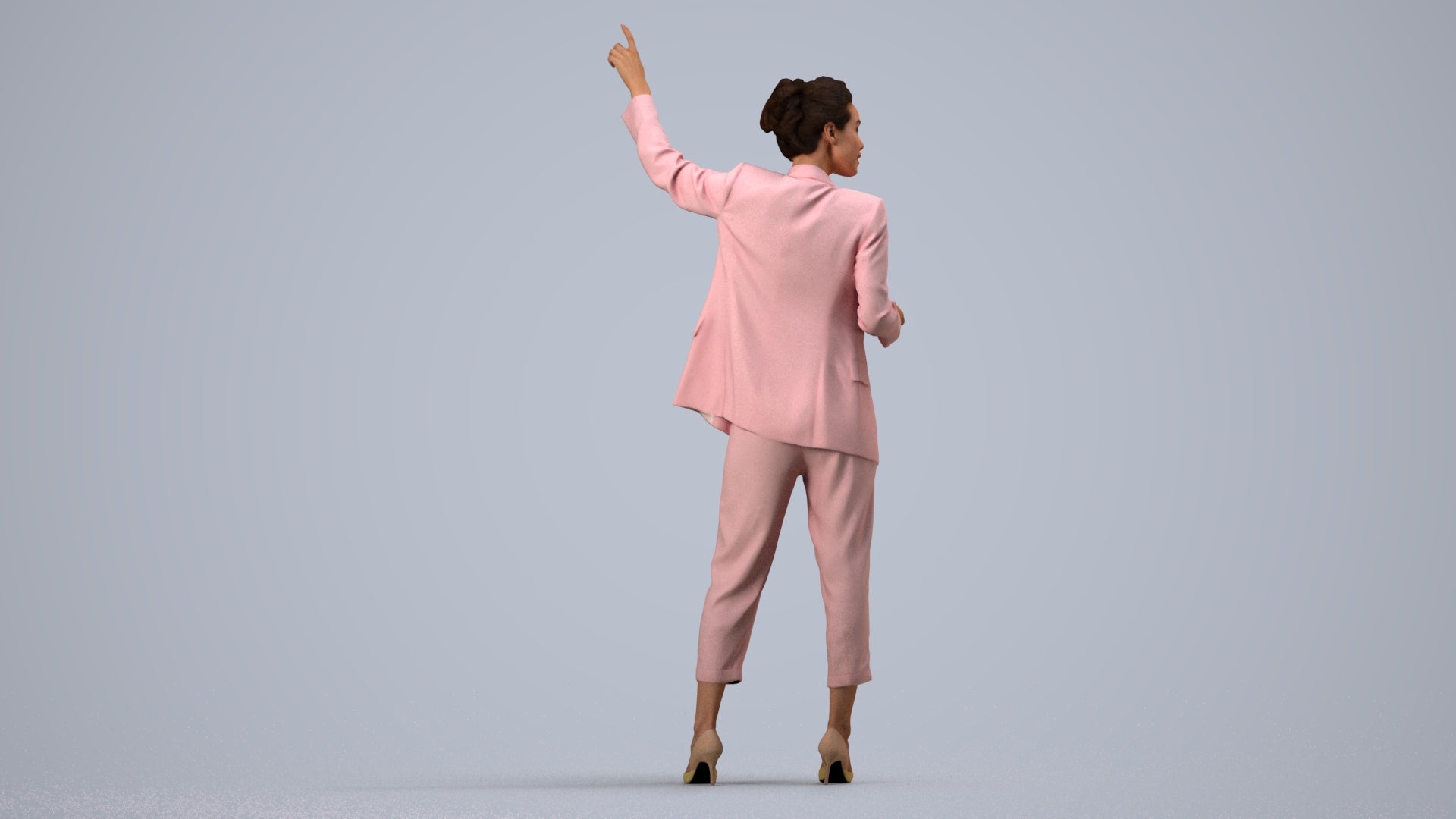 3D human model woman business, photogrammetry scanned person for archviz, side view render