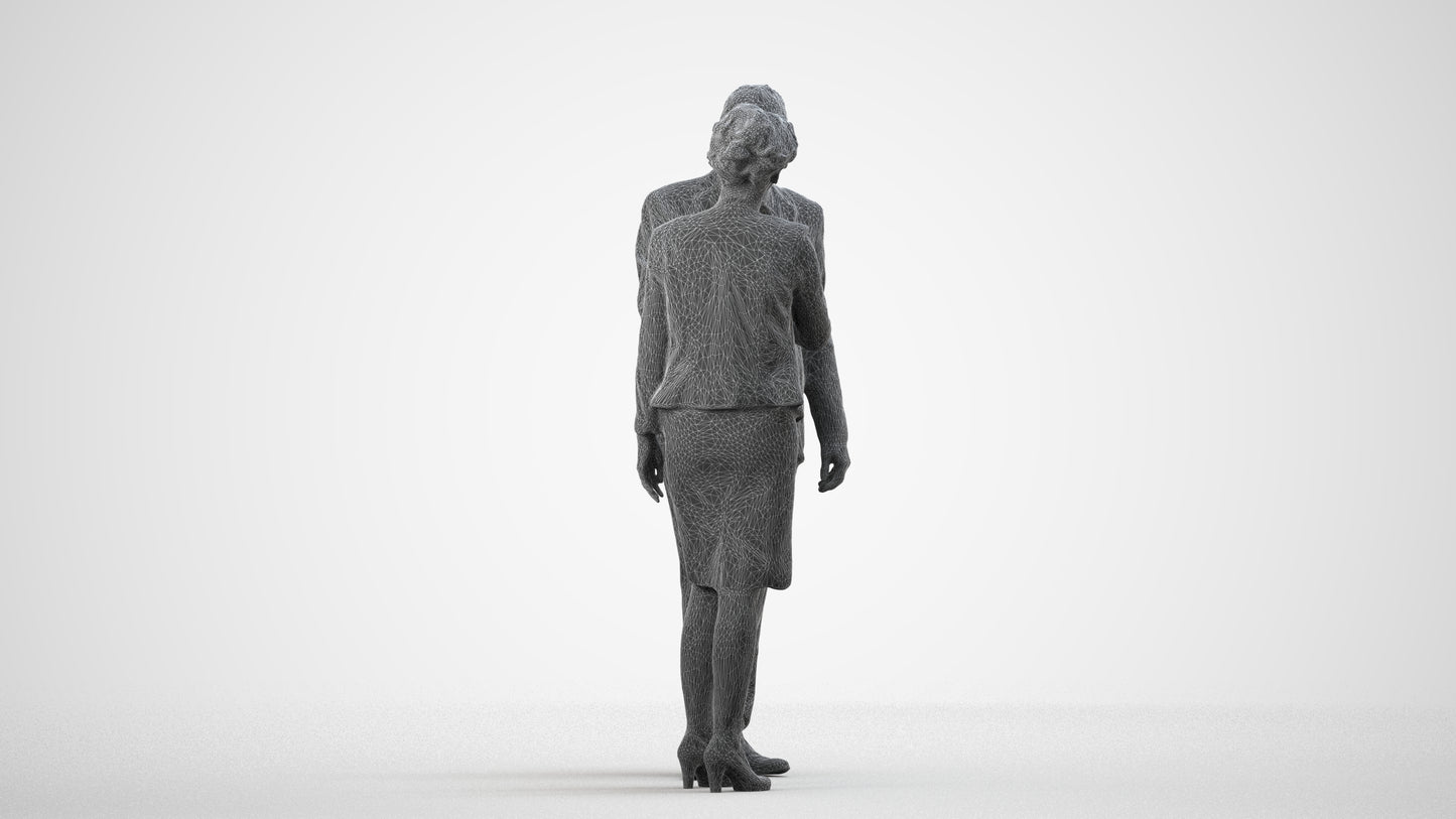 3D human model senior woman business, photogrammetry scanned person for archviz, wireframe side view