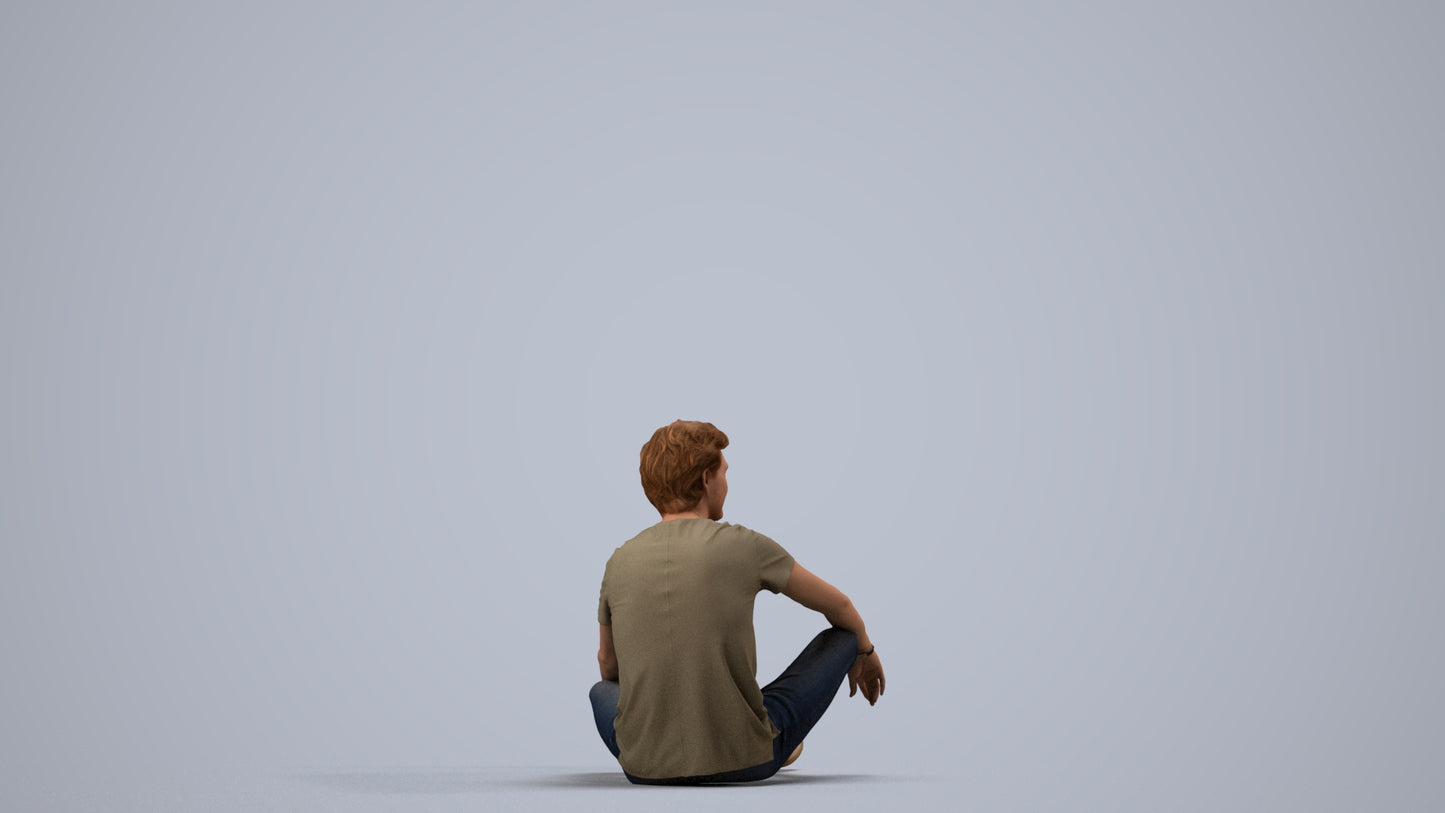 3D scanned man sitting casual, photorealistic archviz people for Enscape and SketchUp, side view render