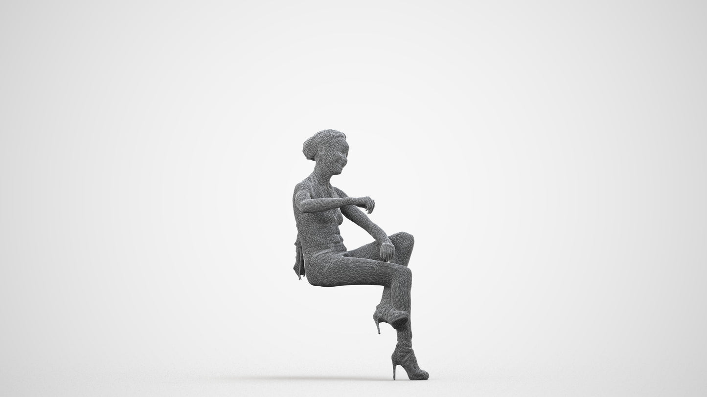 3D people model woman casual sitting, scanned human for 3ds Max rendering, wireframe side view