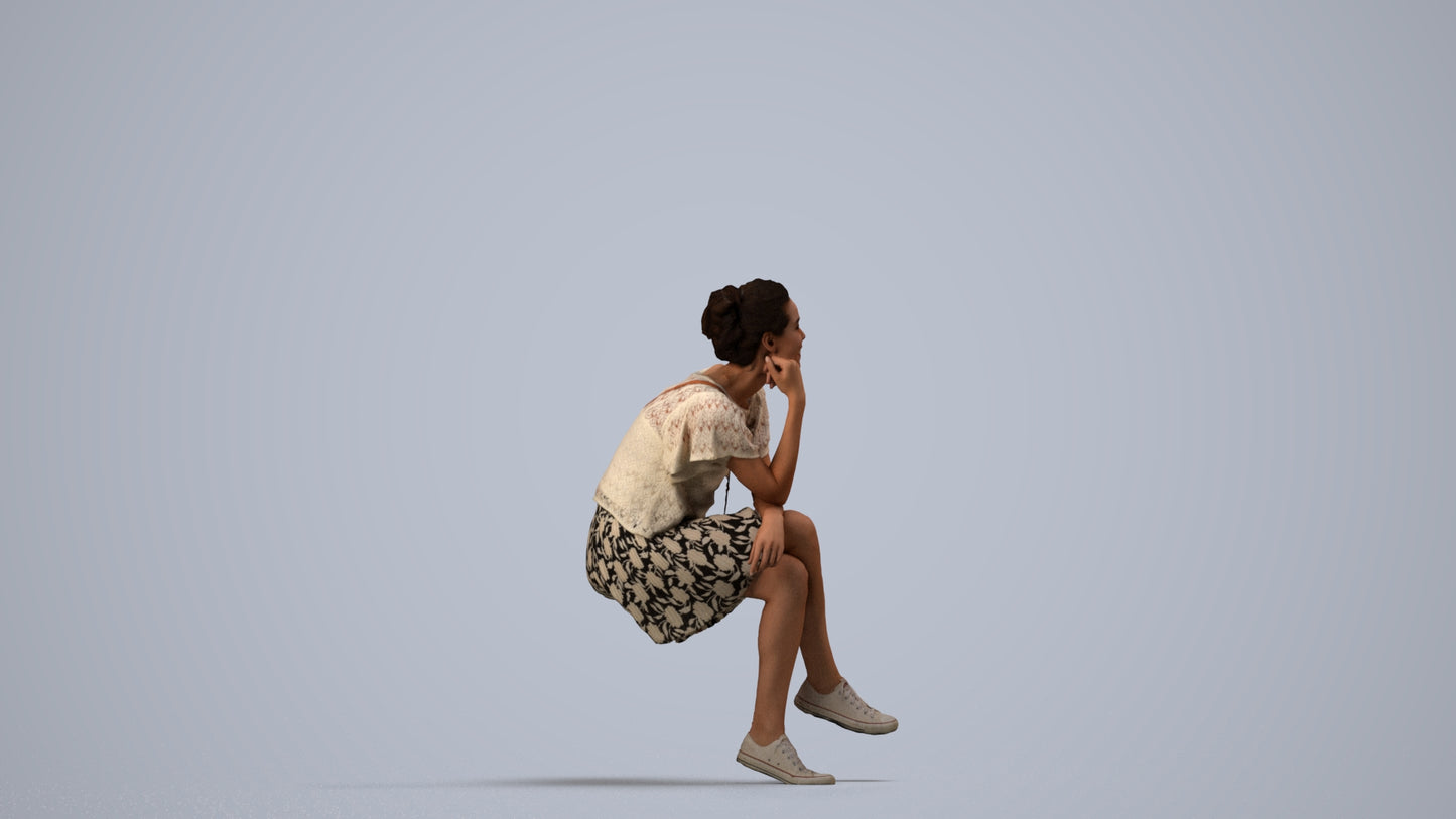 scanned 3D woman casual sitting, photogrammetry people for Enscape and V-Ray, side view render
