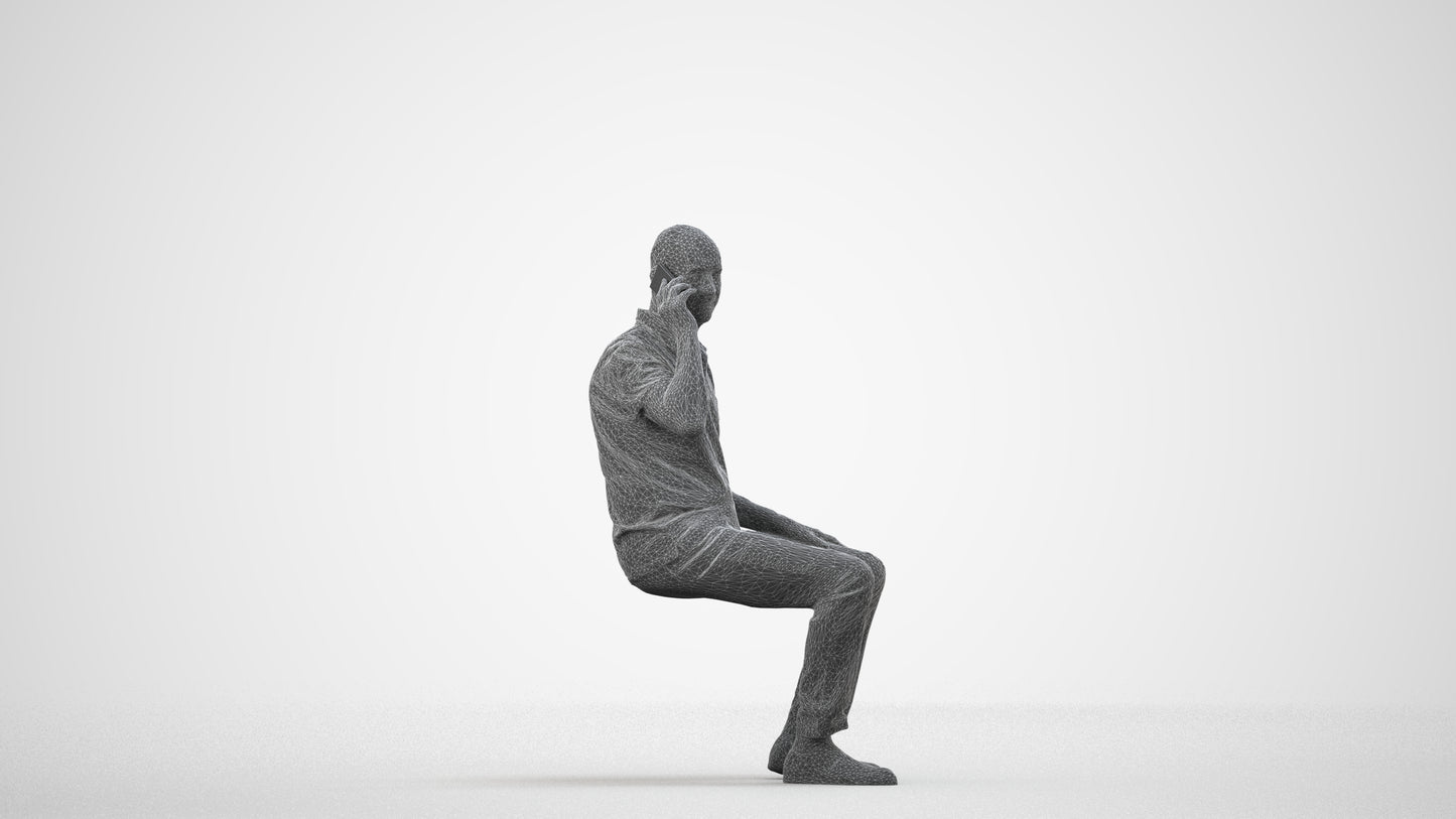 3D scanned senior man sitting casual, photorealistic archviz people for Enscape and SketchUp, wireframe side view