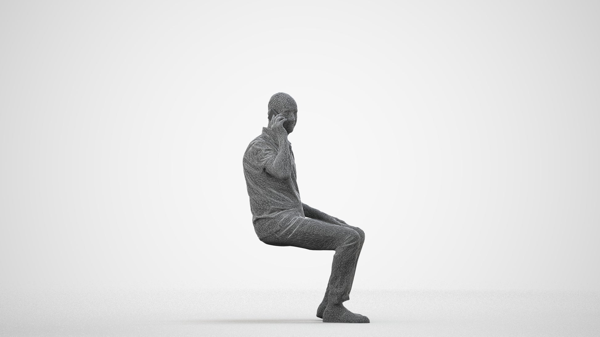3D scanned senior man sitting casual, photorealistic archviz people for Enscape and SketchUp, wireframe side view