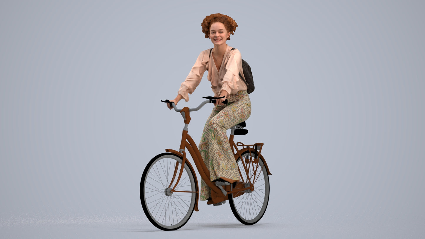 photogrammetry 3D woman casual cycling, realistic human model archviz FBX, standing pose render