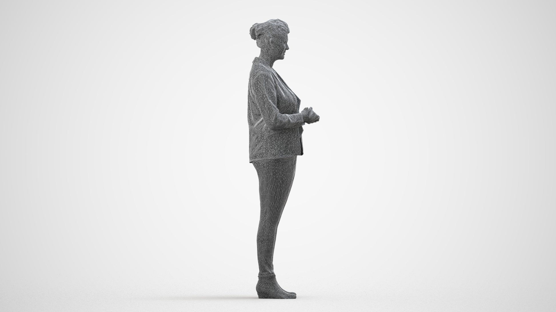 realistic 3D human woman business standing, archviz people FBX OBJ for Blender, wireframe side view