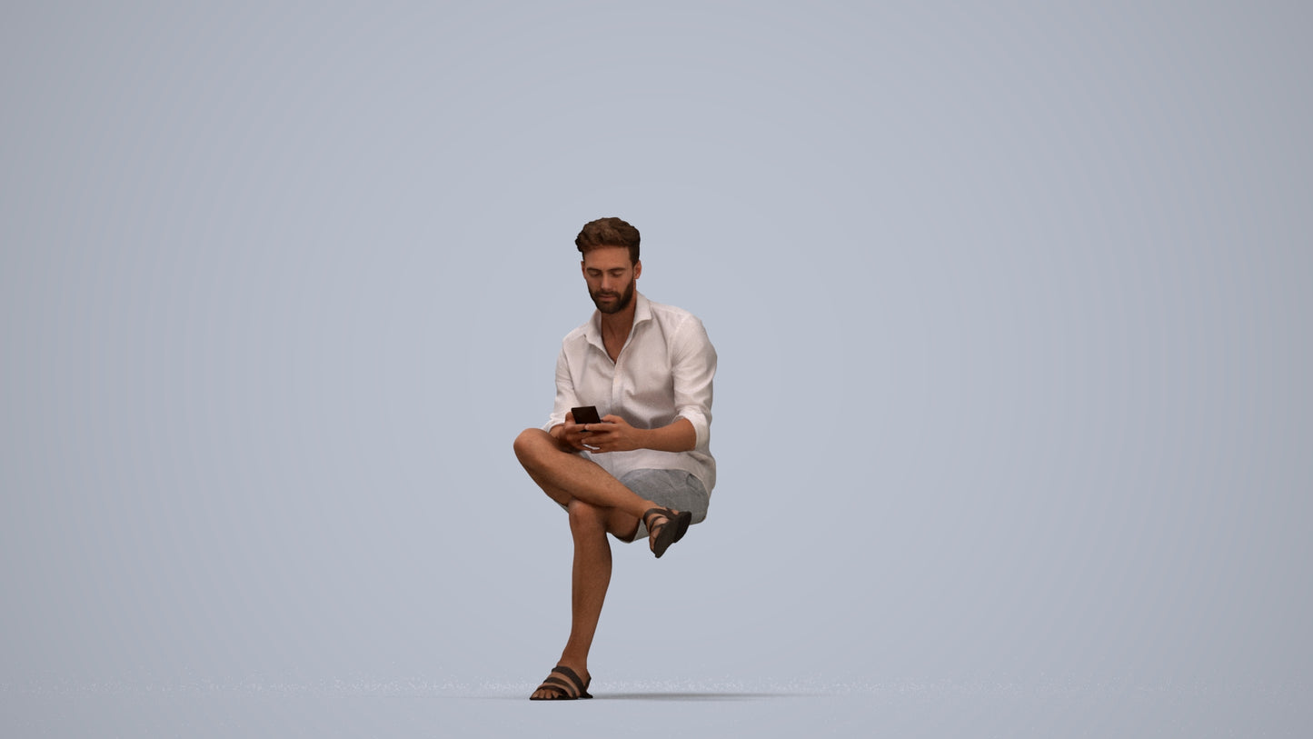 realistic 3D man casual sitting, scanned archviz people for Blender and 3ds Max, top-down view render