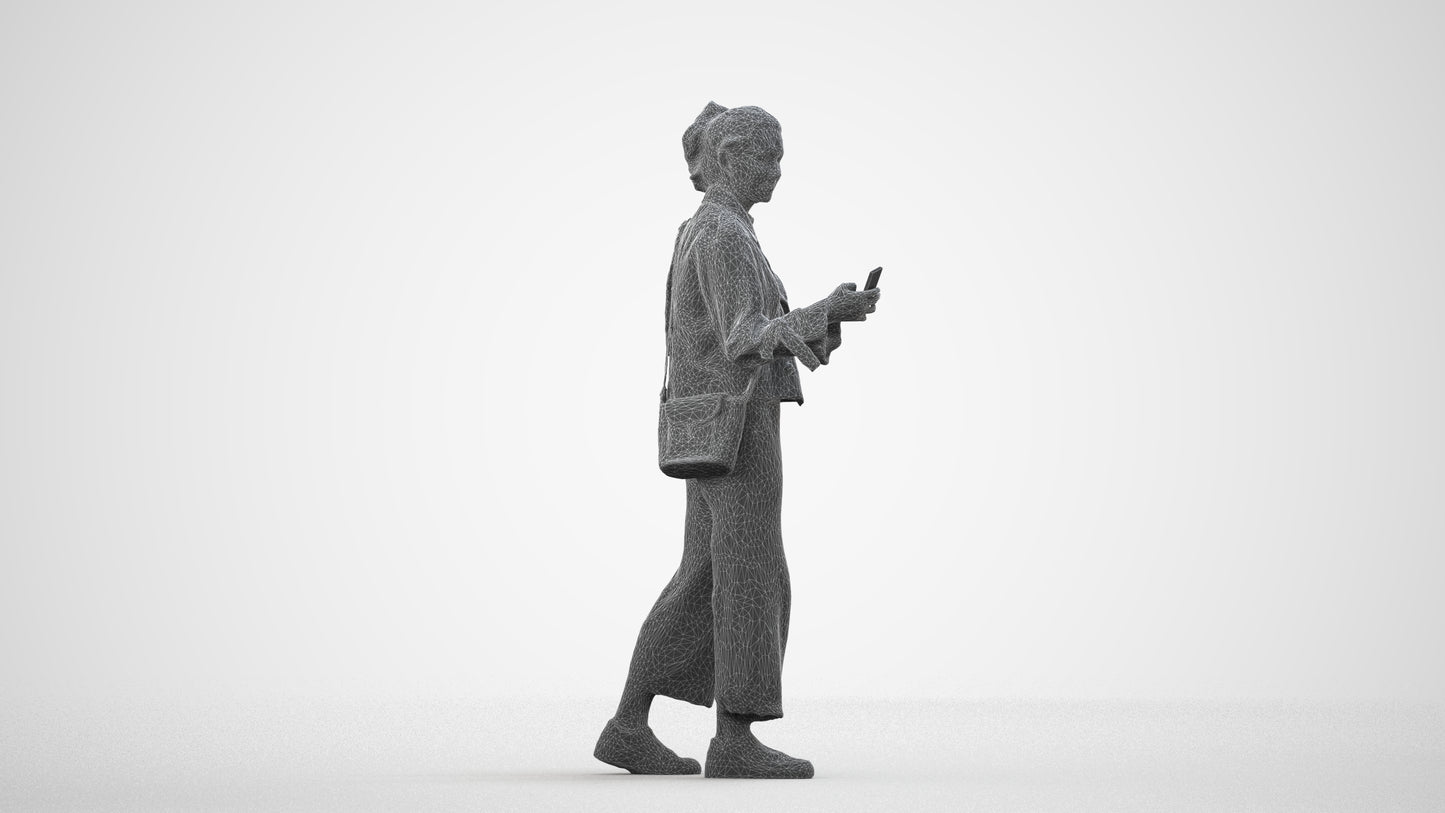 3D people model woman casual walking, scanned human for 3ds Max rendering, wireframe side view