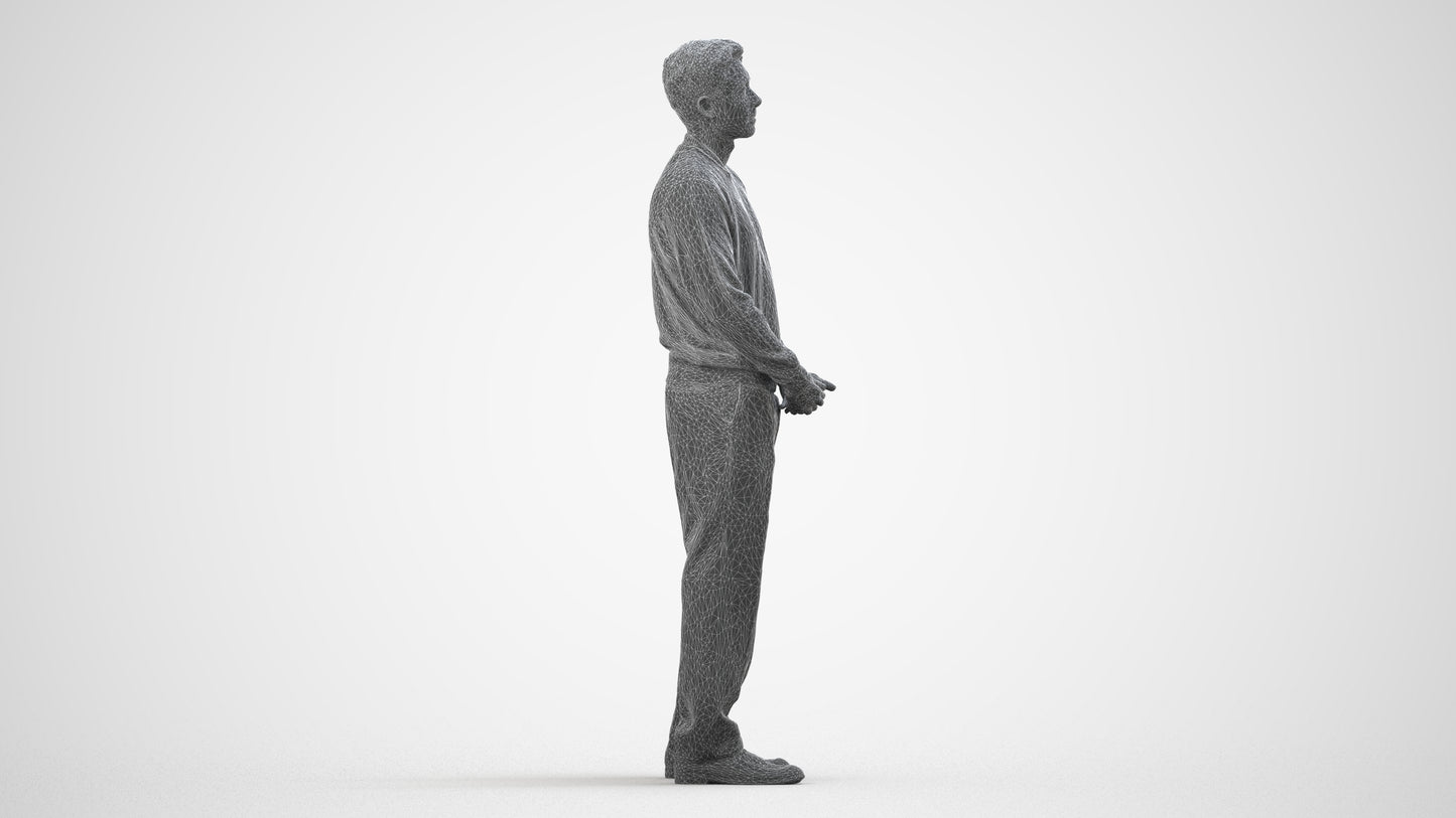 3D people model man casual standing, scanned human for 3ds Max rendering, wireframe side view