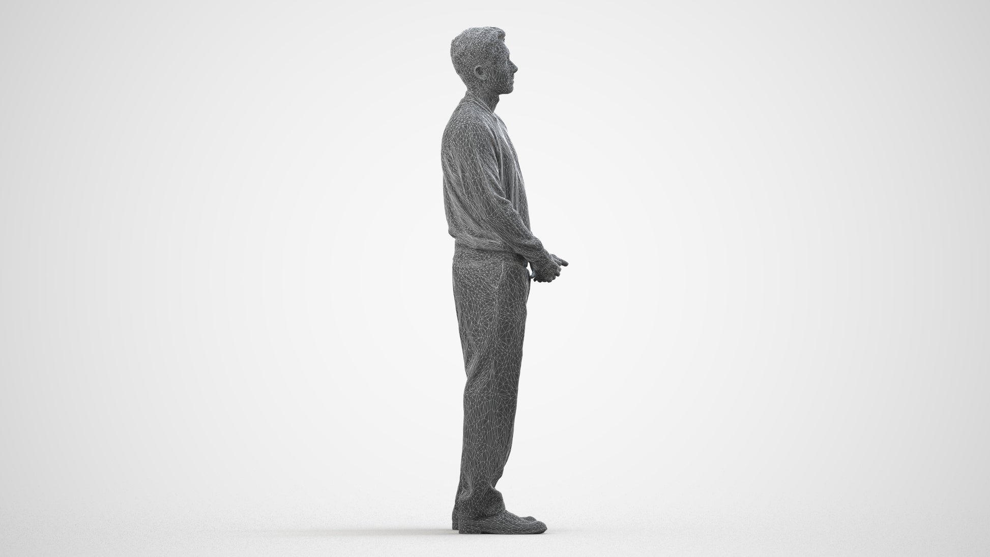 3D people model man casual standing, scanned human for 3ds Max rendering, wireframe side view