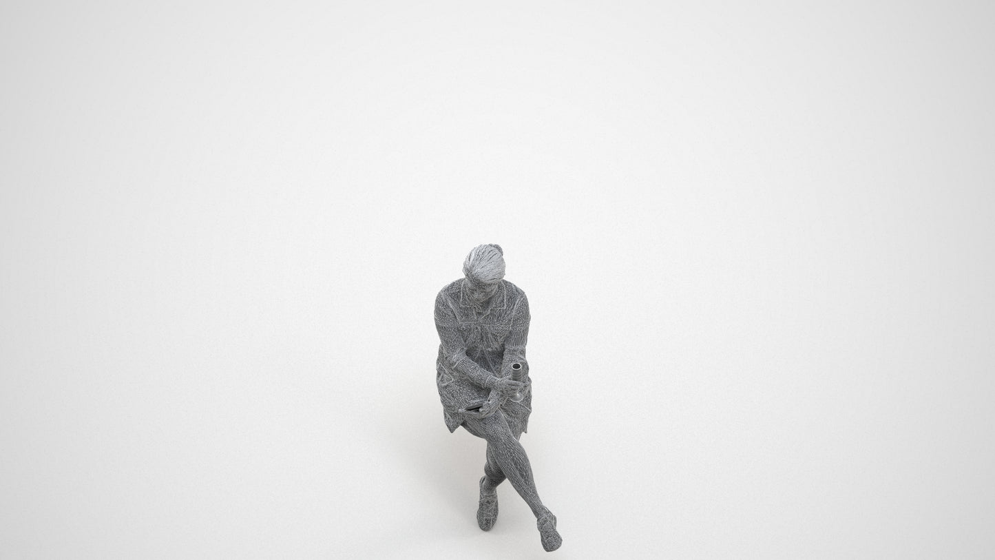 3D people model woman casual sitting, scanned human for 3ds Max rendering, wireframe three-quarter view