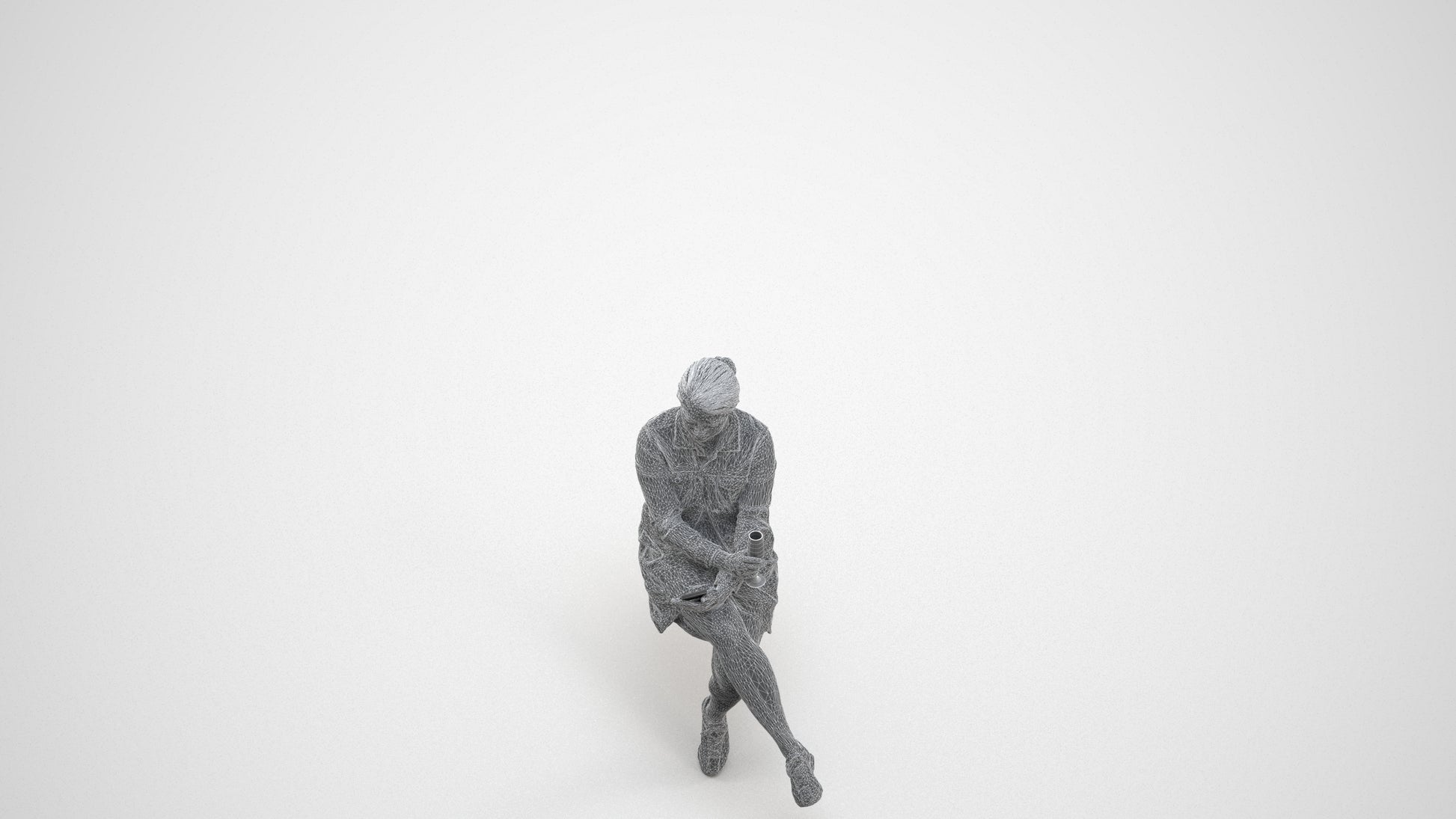 3D people model woman casual sitting, scanned human for 3ds Max rendering, wireframe three-quarter view