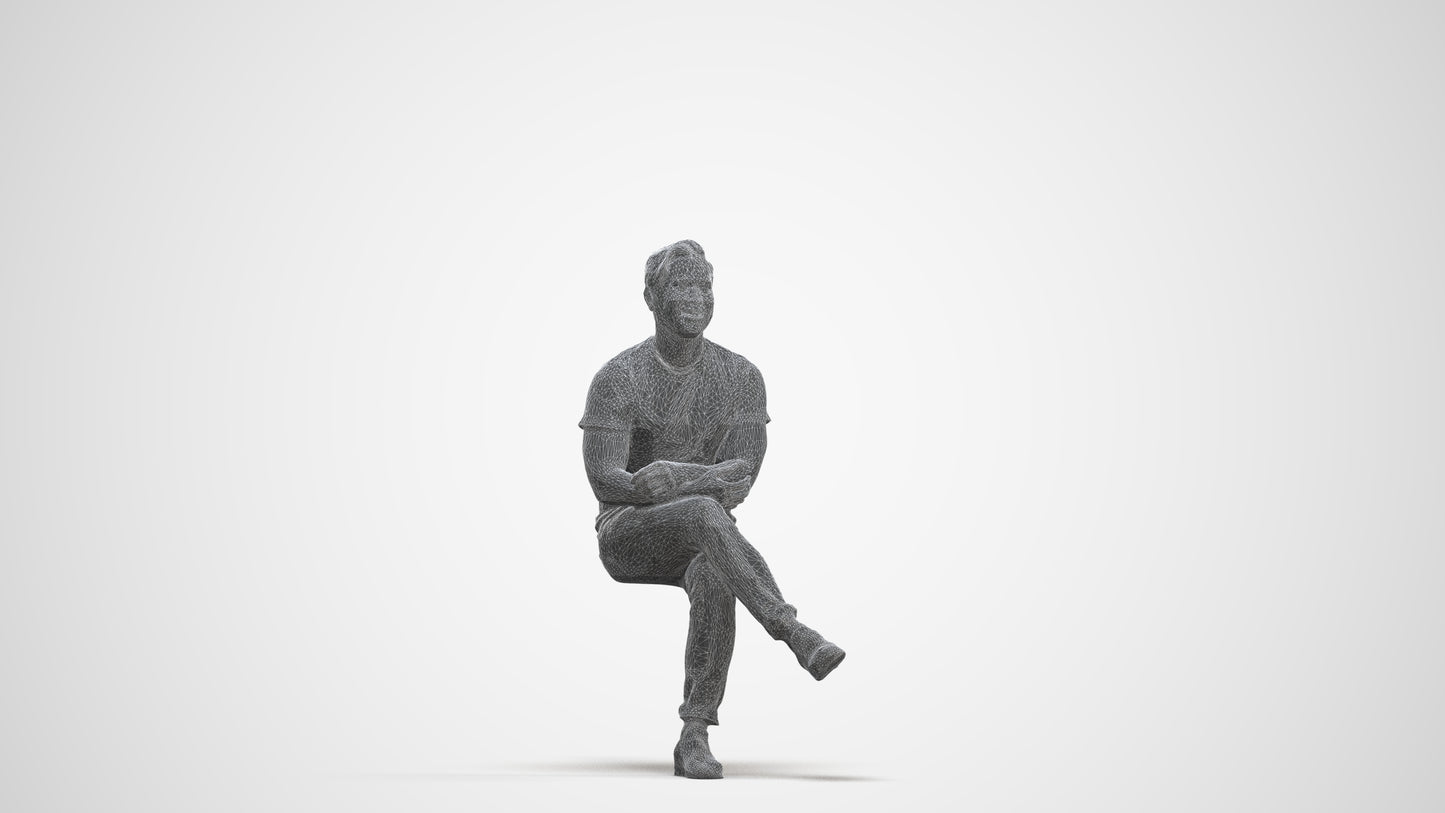 realistic 3D people man casual sitting, render-ready for V-Ray and Corona, FBX OBJ, three-quarter front view render