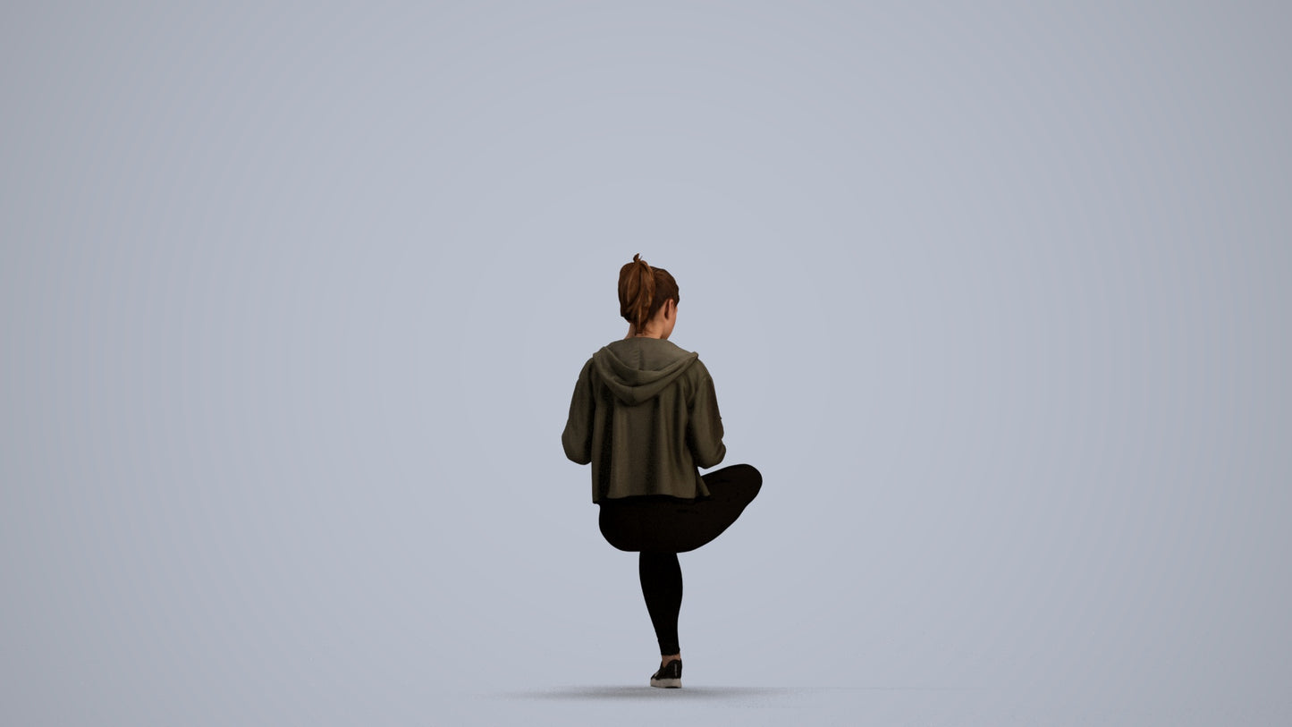 realistic 3D woman sport sitting, scanned archviz people for Blender and 3ds Max, front view render