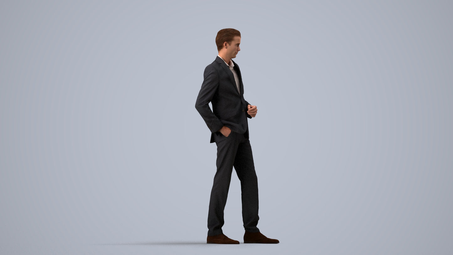 3D scanned man standing business, photorealistic archviz people for Enscape and SketchUp, side view render