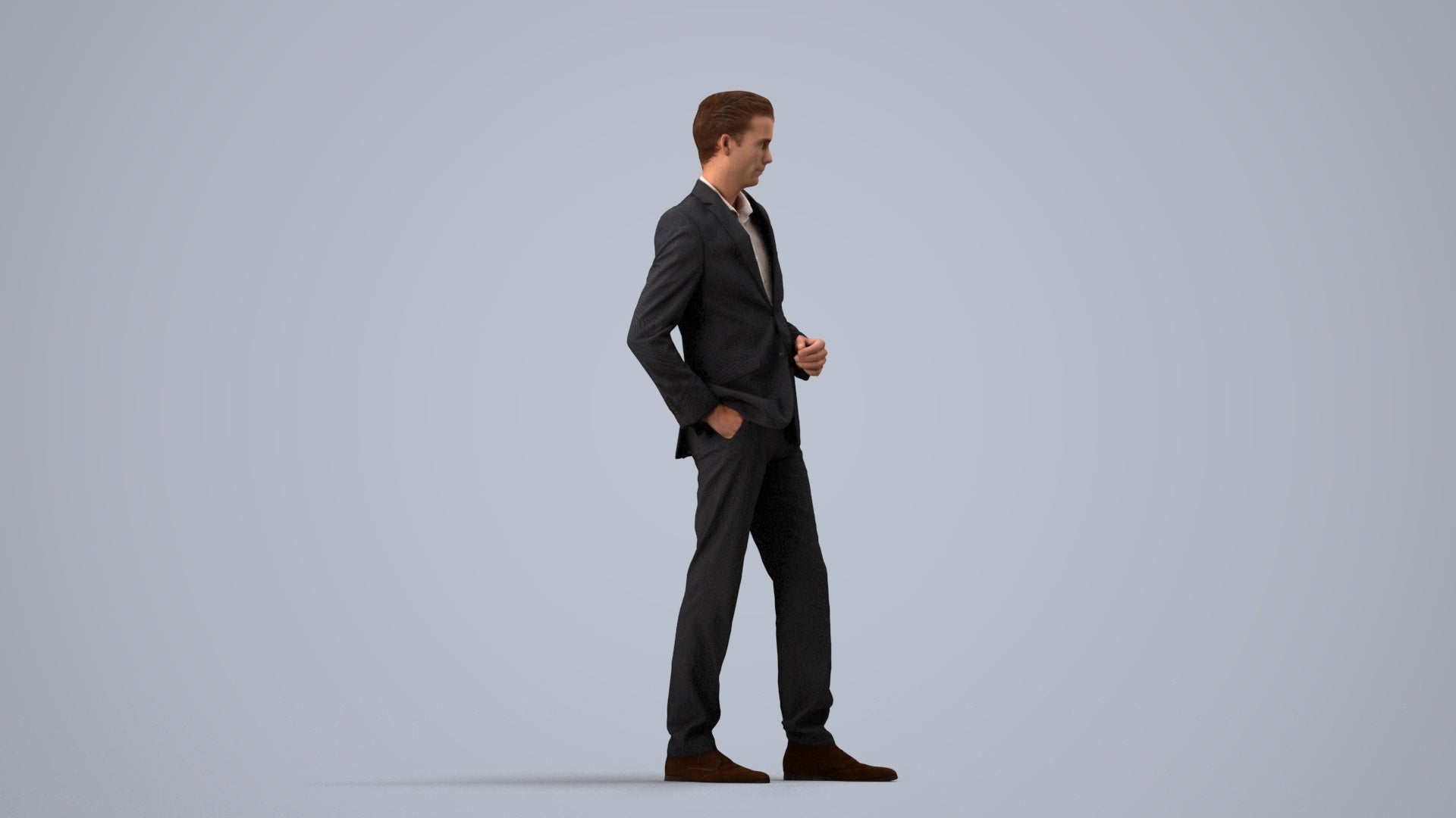 3D scanned man standing business, photorealistic archviz people for Enscape and SketchUp, side view render