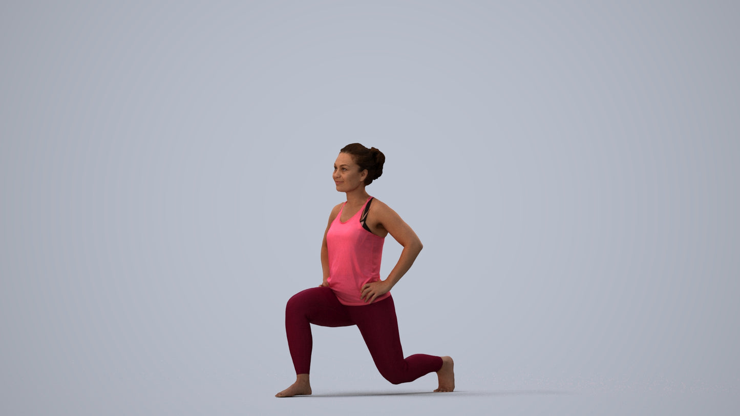 3D human model woman sport, photogrammetry scanned person for archviz, three-quarter view render