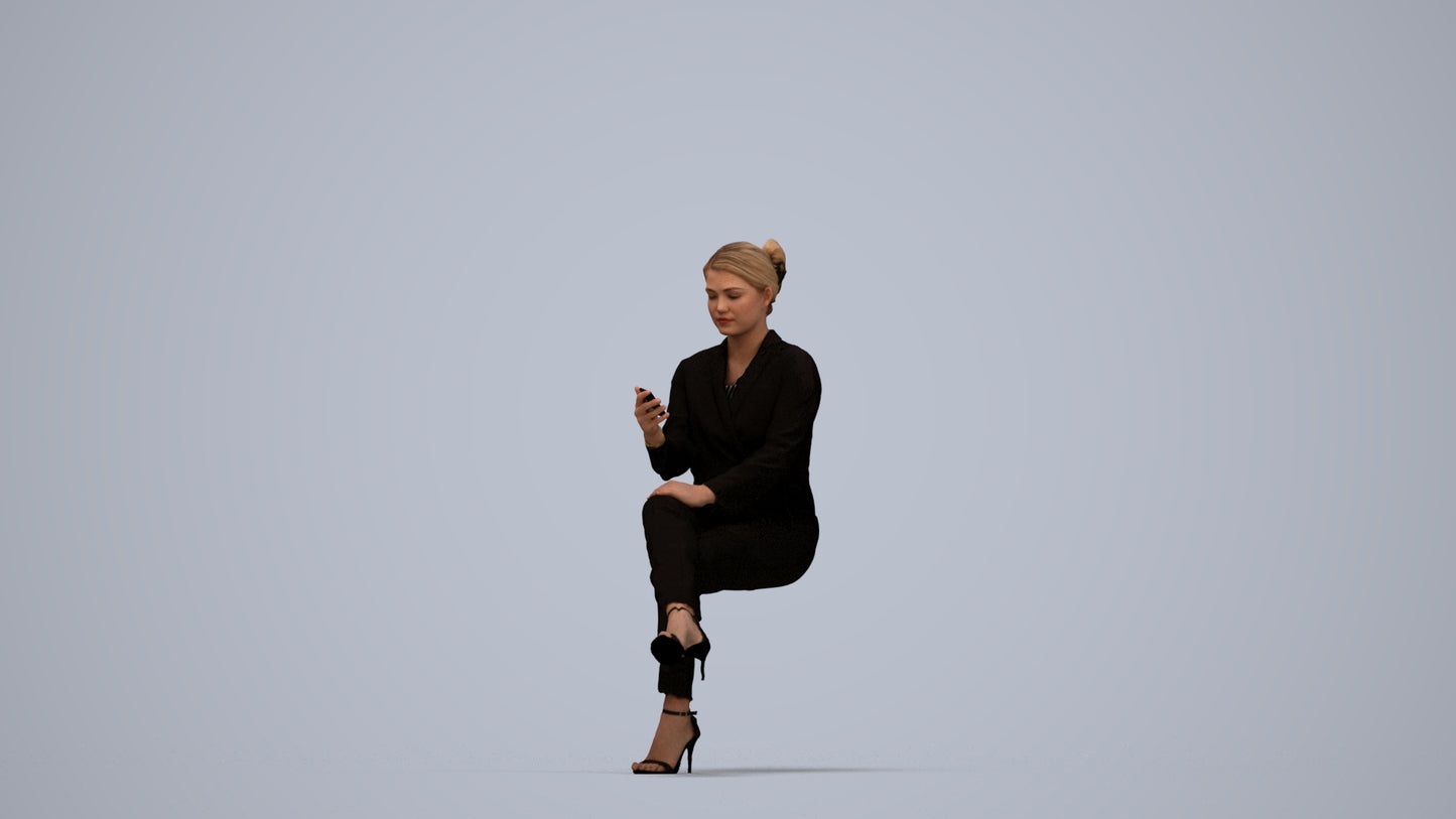 3D human model woman business sitting, photogrammetry scanned person for archviz, top-down view render