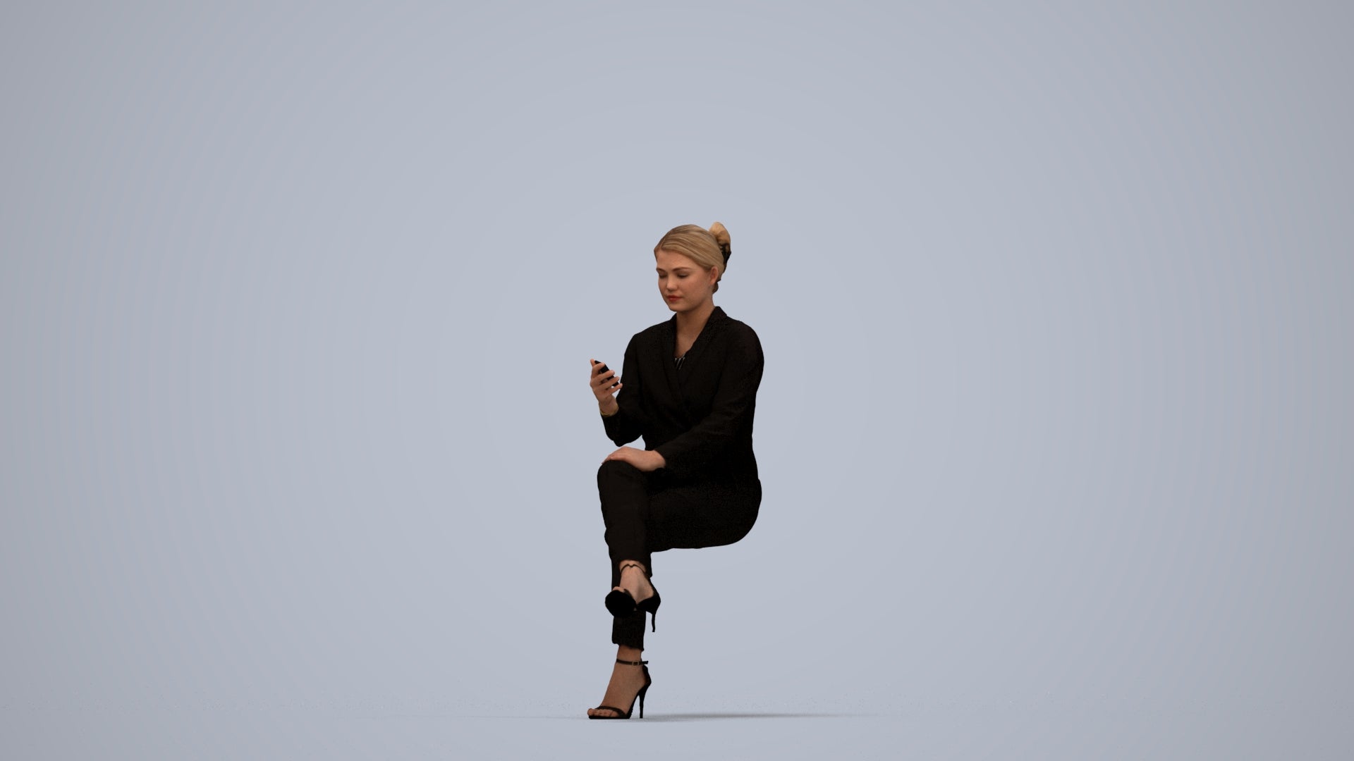 3D human model woman business sitting, photogrammetry scanned person for archviz, top-down view render