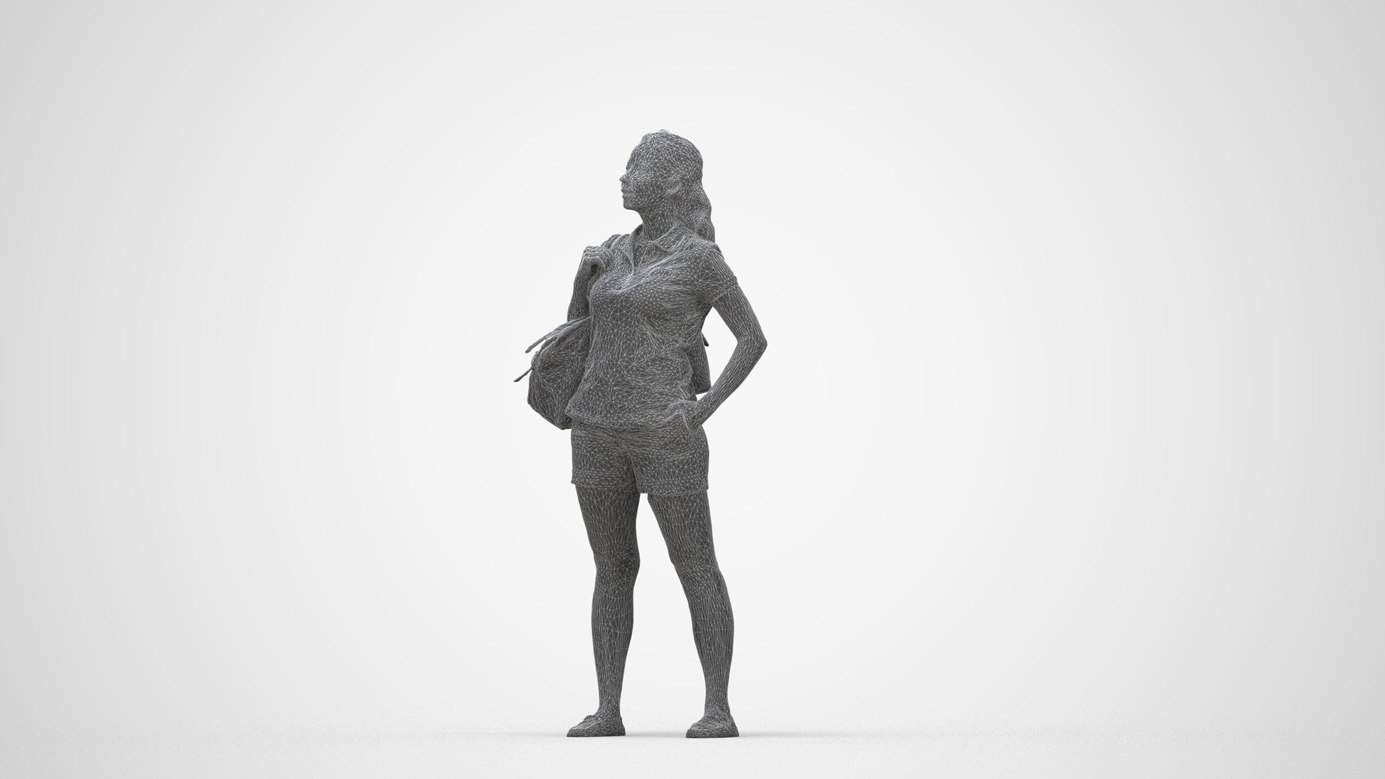 scanned 3D woman casual standing, photogrammetry people for Enscape and V-Ray, wireframe back view