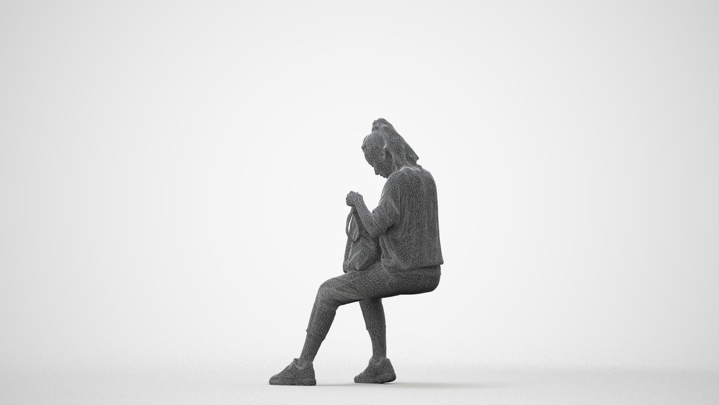 photogrammetry 3D woman casual sitting, realistic human model archviz FBX, square thumbnail