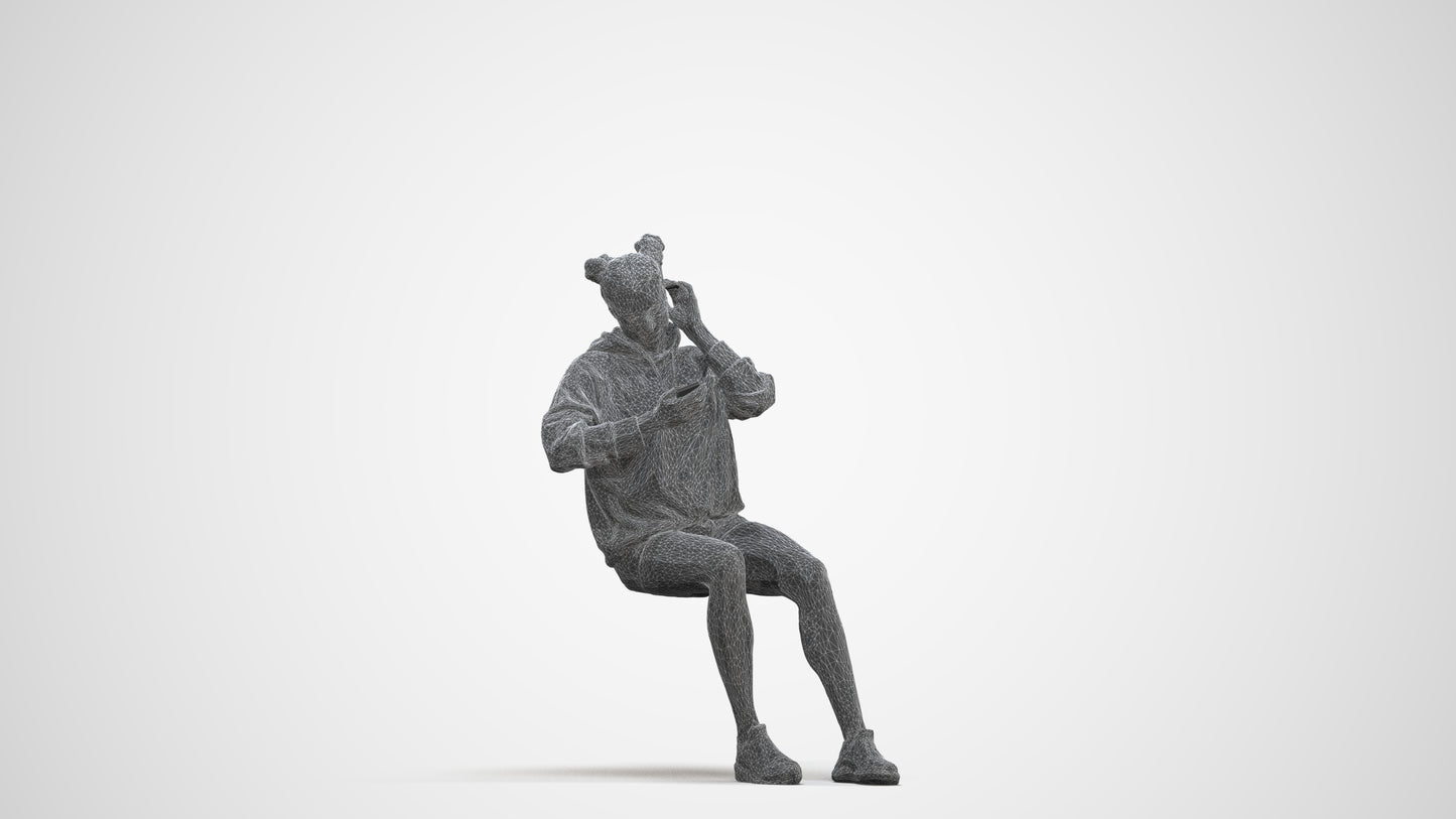realistic 3D human woman casual sitting, archviz people FBX OBJ for Blender, three-quarter front view render