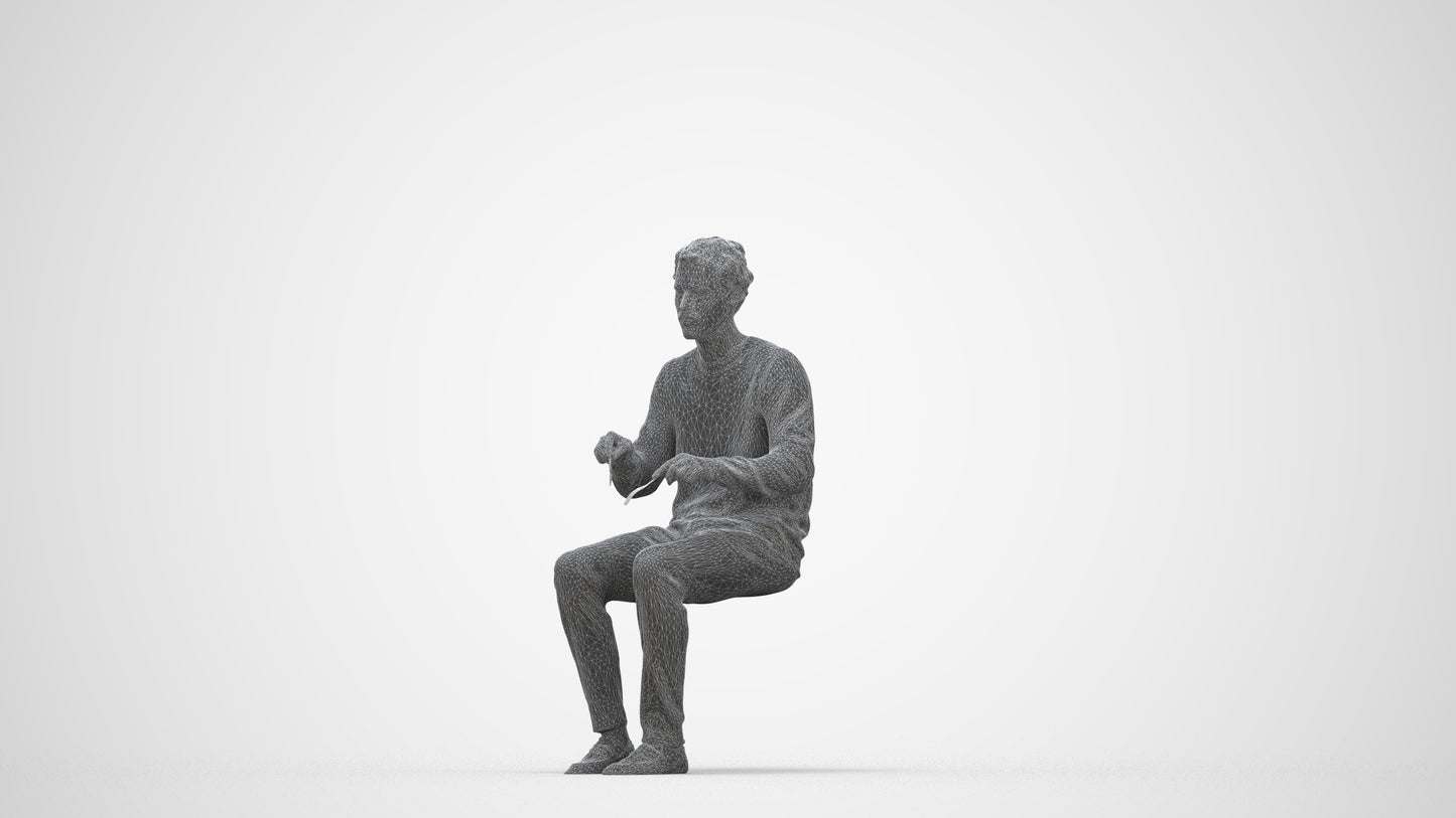 scanned 3D man casual sitting, photogrammetry people for Enscape and V-Ray, wireframe back view