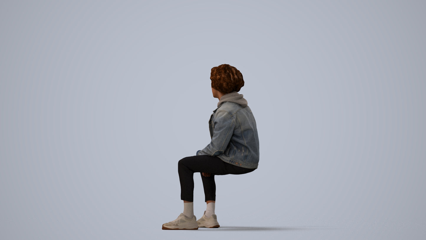 realistic 3D man casual sitting, scanned archviz people for Blender and 3ds Max, three-quarter view render
