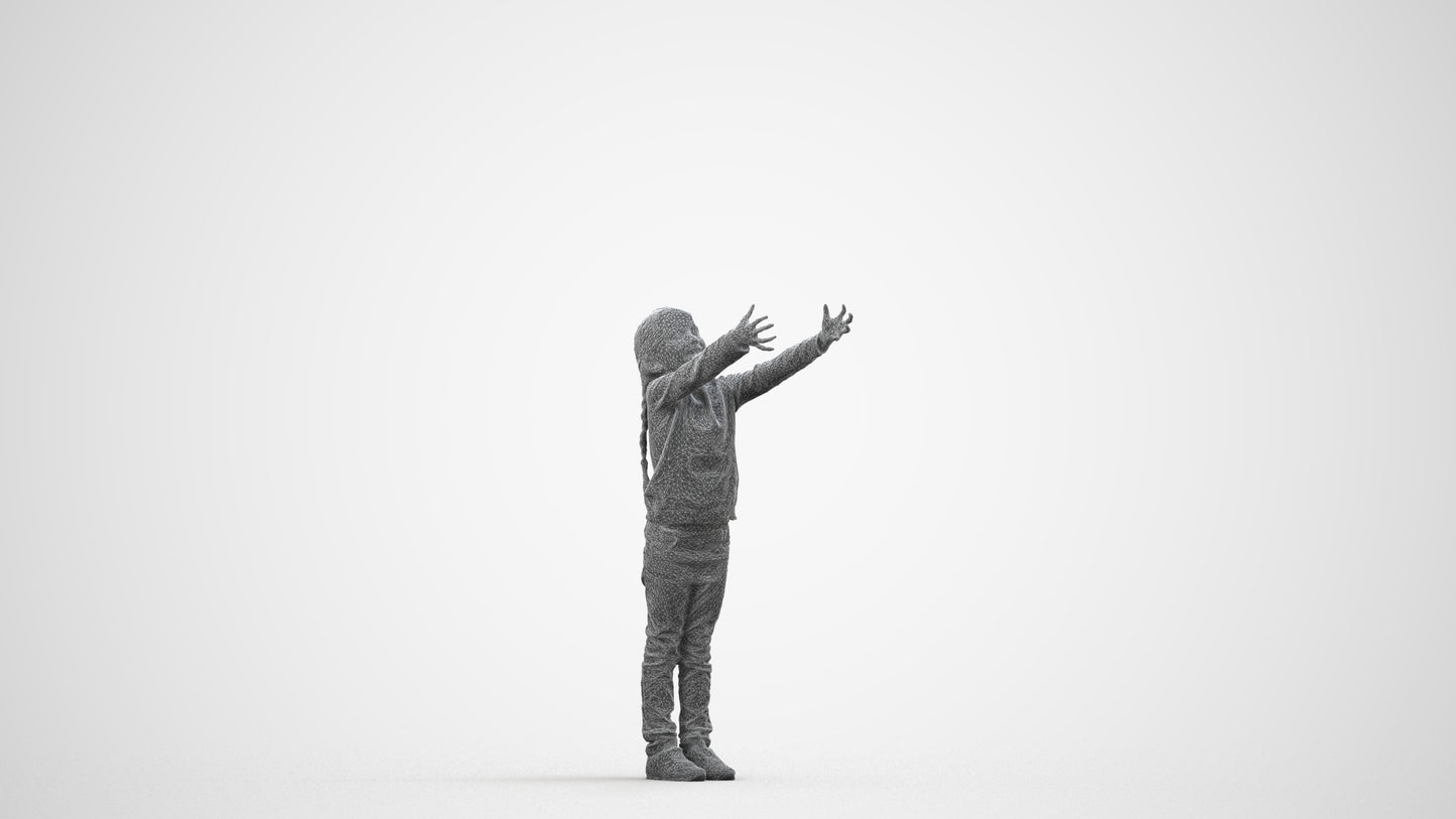 3D human model girl casual kids, photogrammetry scanned person for archviz, wireframe side view