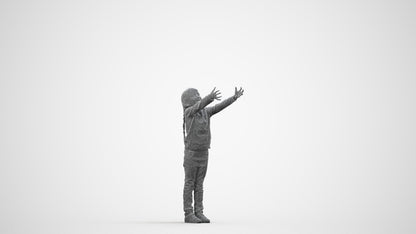 3D human model girl casual kids, photogrammetry scanned person for archviz, wireframe side view